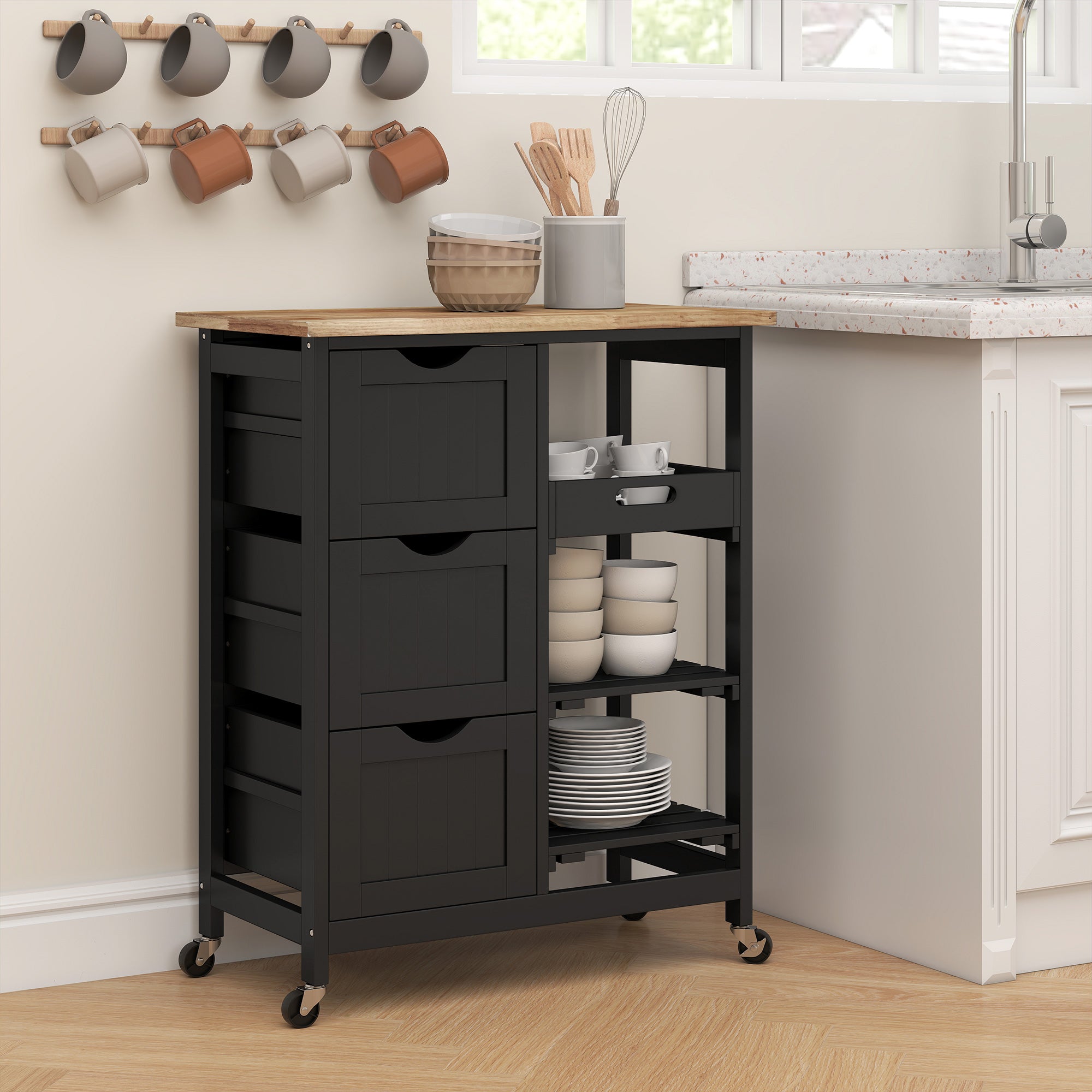 Rolling Kitchen Island Cart, Bar Serving Cart, Compact Trolley on Wheels with Wood Top, Shelves & Drawers for Home Dining Area, Black