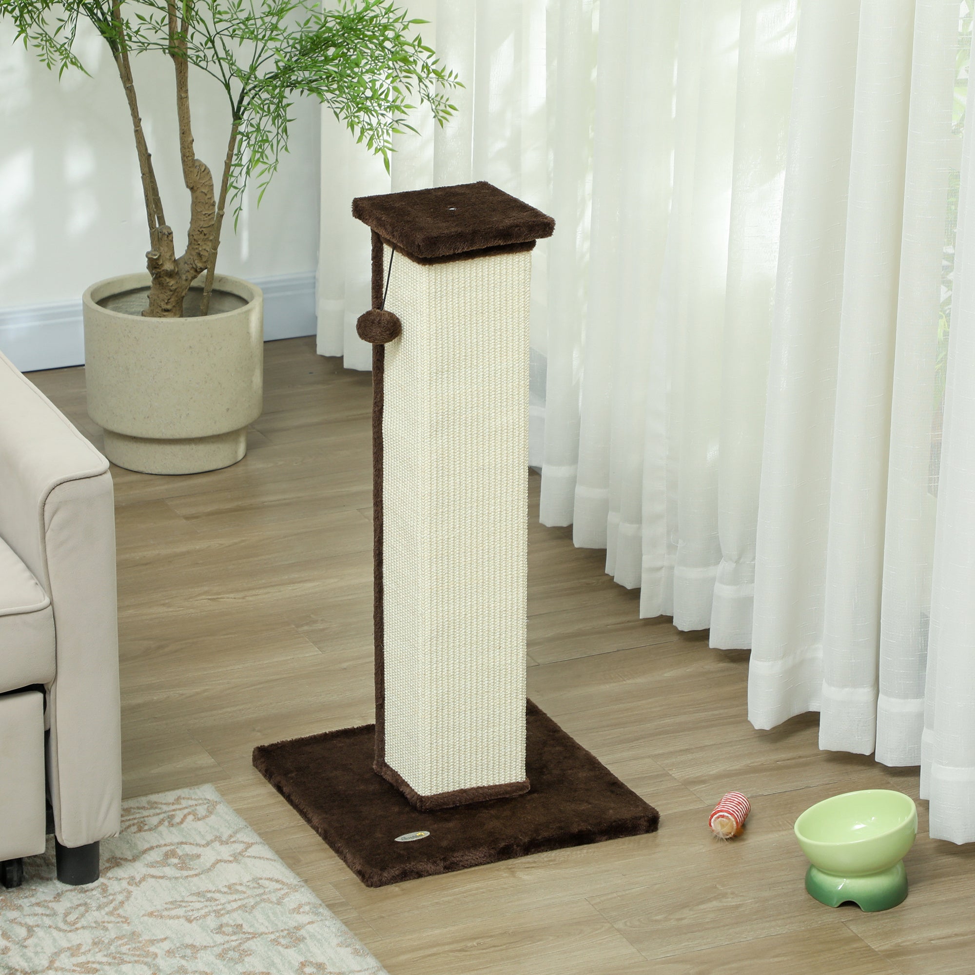 81cm Vertical Cat Scratcher with Sisal Rope, Hanging Ball & Plush - Brown