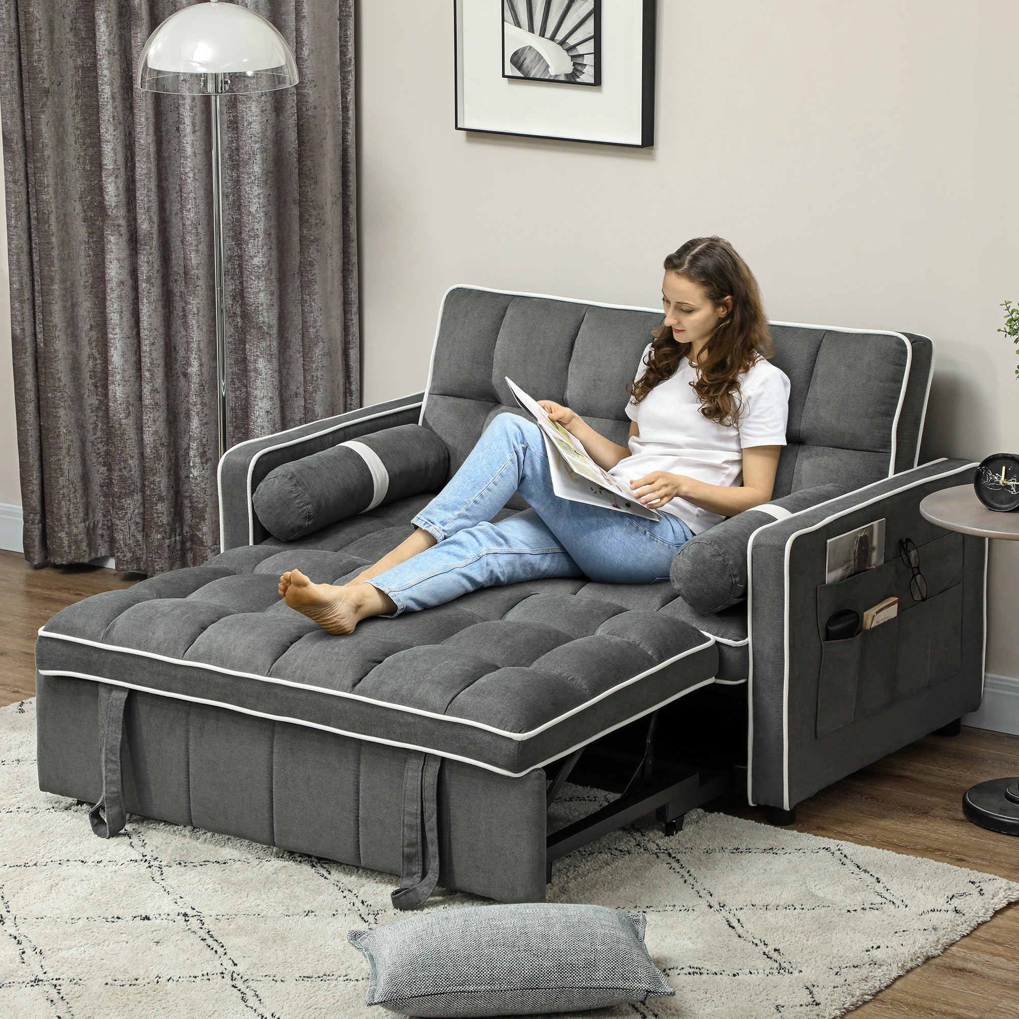 Two-Seater Linen-Look Sofa Bed - Charcoal Grey