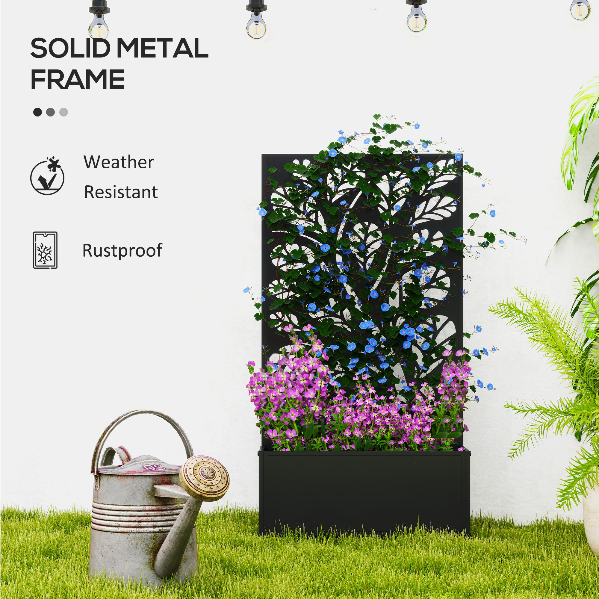 Outdoor Metal Planter, with Back Trellis - Black