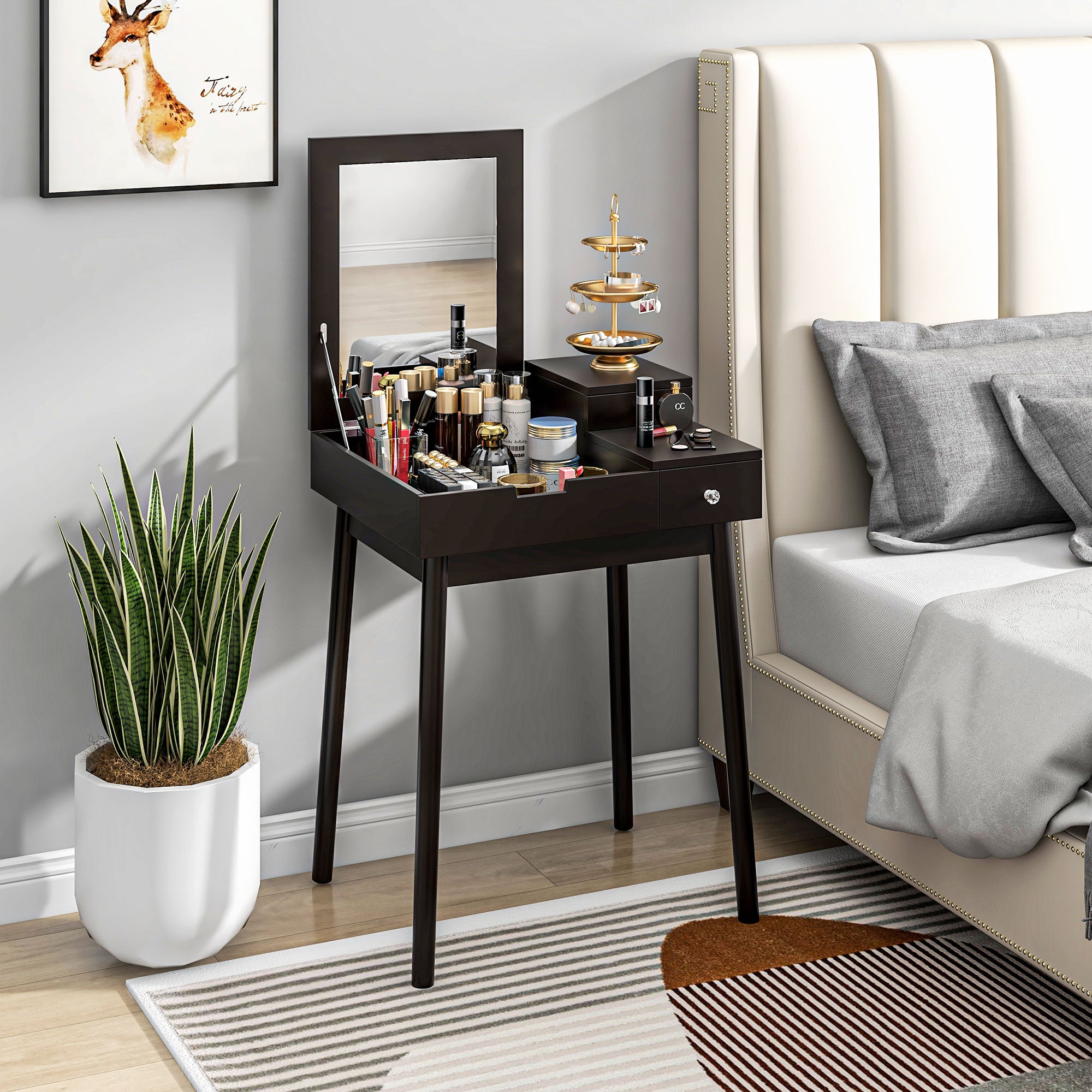 Dressing Table with Flip-up Mirror, Makeup Desk with 2 Drawers and Pine Wood Legs, Vanity Table Writing Desk for Bedroom Living Room, Black
