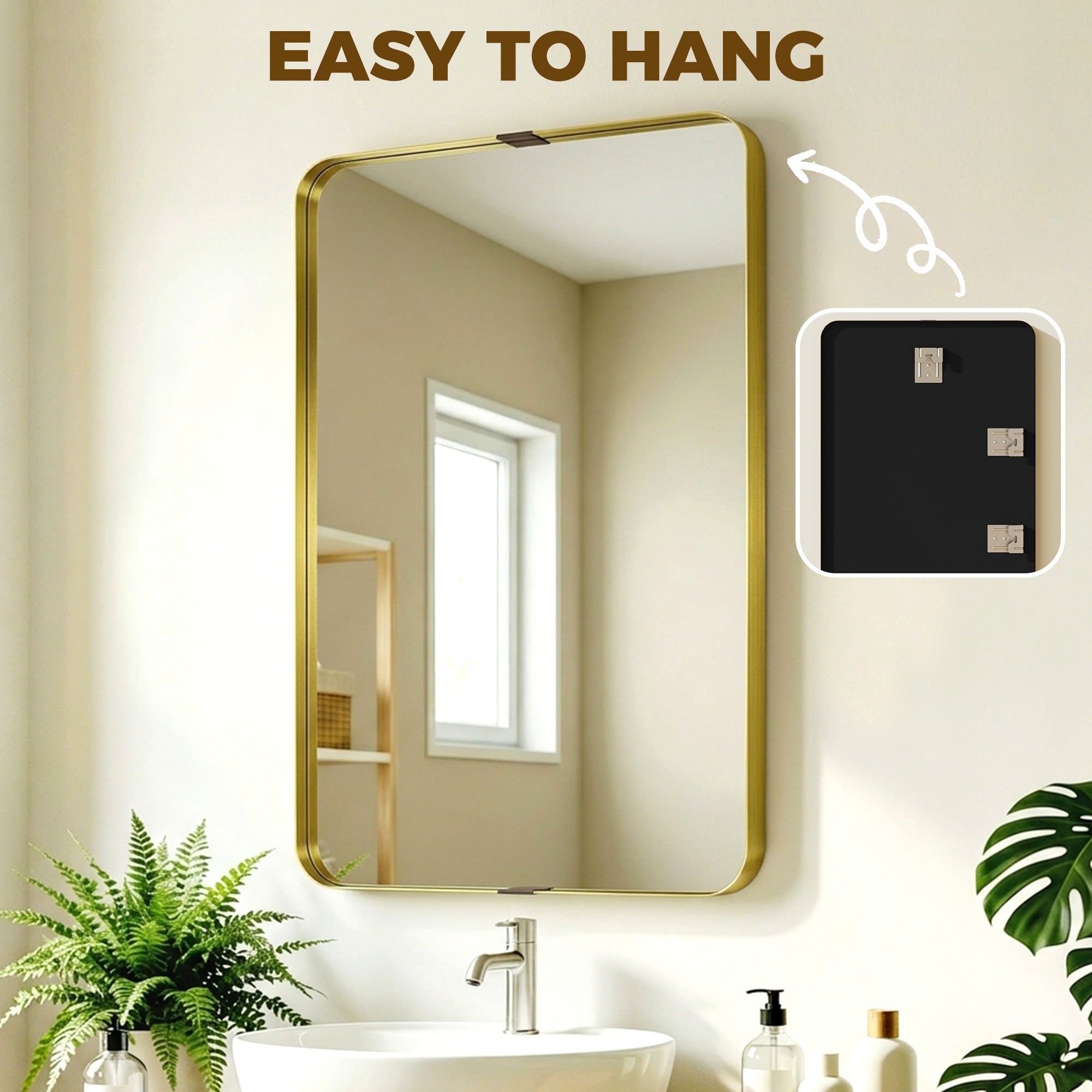 Rectangular Wall Mirror, 90 x 60 cm Wall Mounted Bathroom Mirror w/ Aluminium Alloy Frame and Tempered Glass, Gold Tone