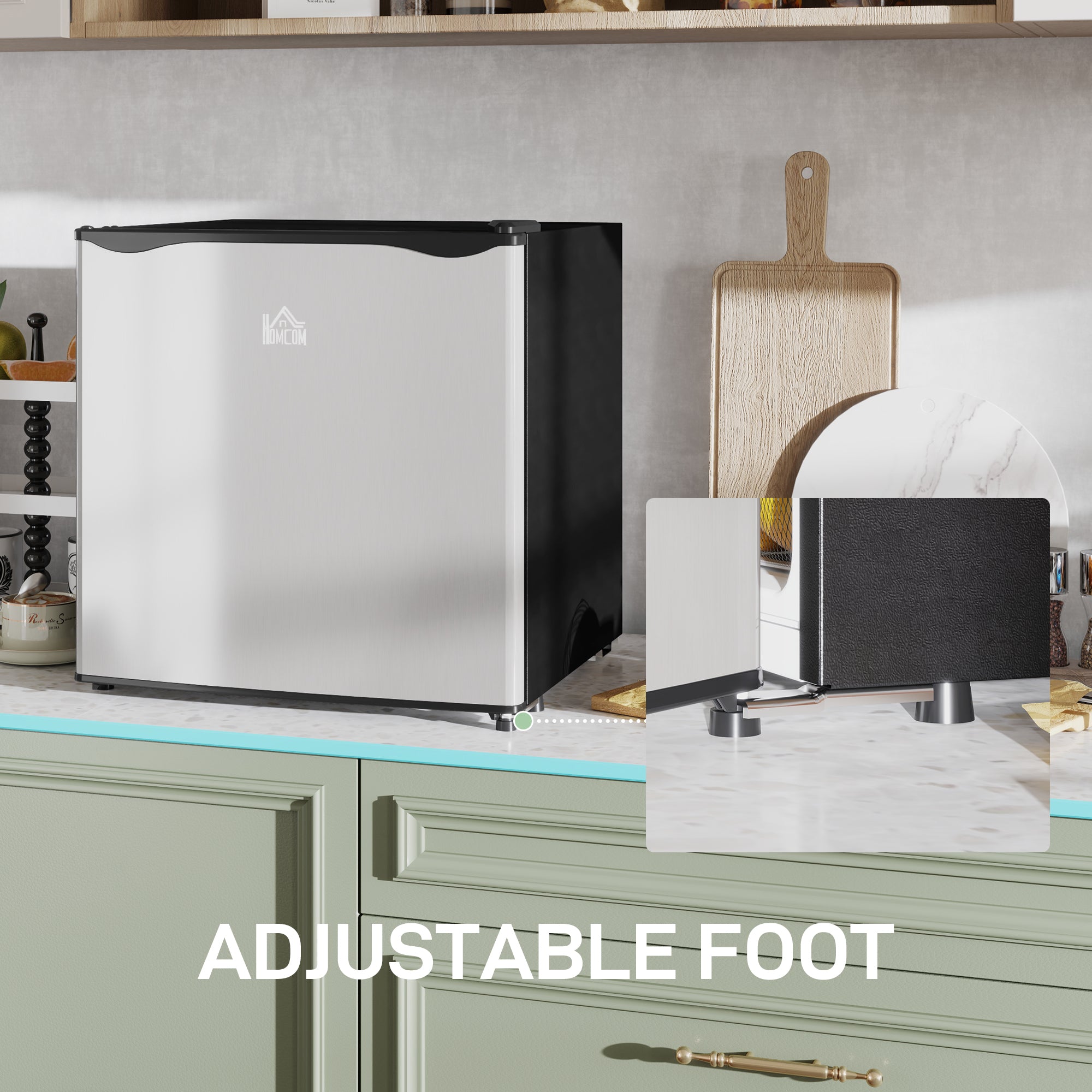 46 Litre Table Top Mini Fridge, Small Fridge with Ice Box, Reversible Door, Adjustable Temperature and Legs for Bedrooms, Home Office, Silver Tone
