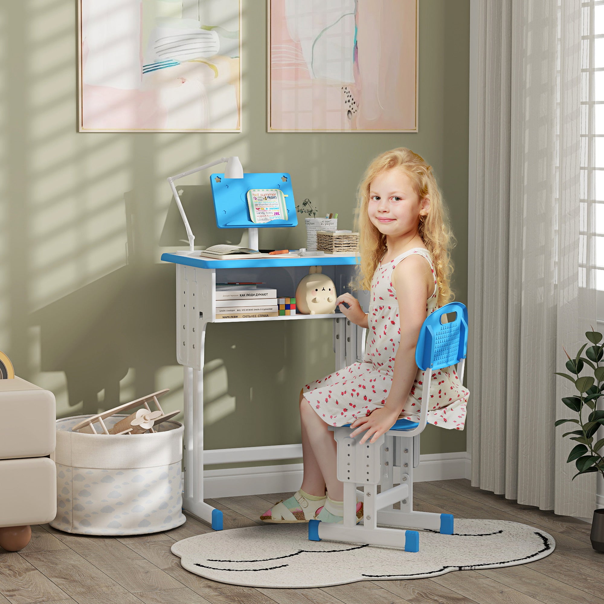 Kids Adjustable Desk and Chair Set, Book Stand, Pen Slot - Blue