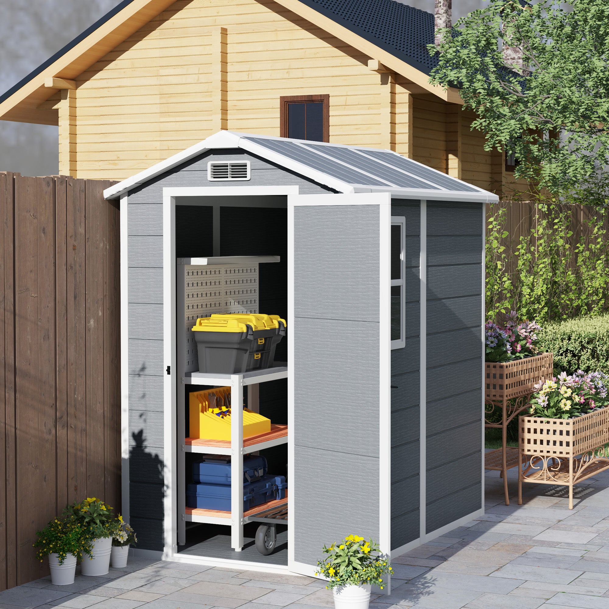 4x6ft Plastic Garden Shed with Floor and Lockable Door - Grey