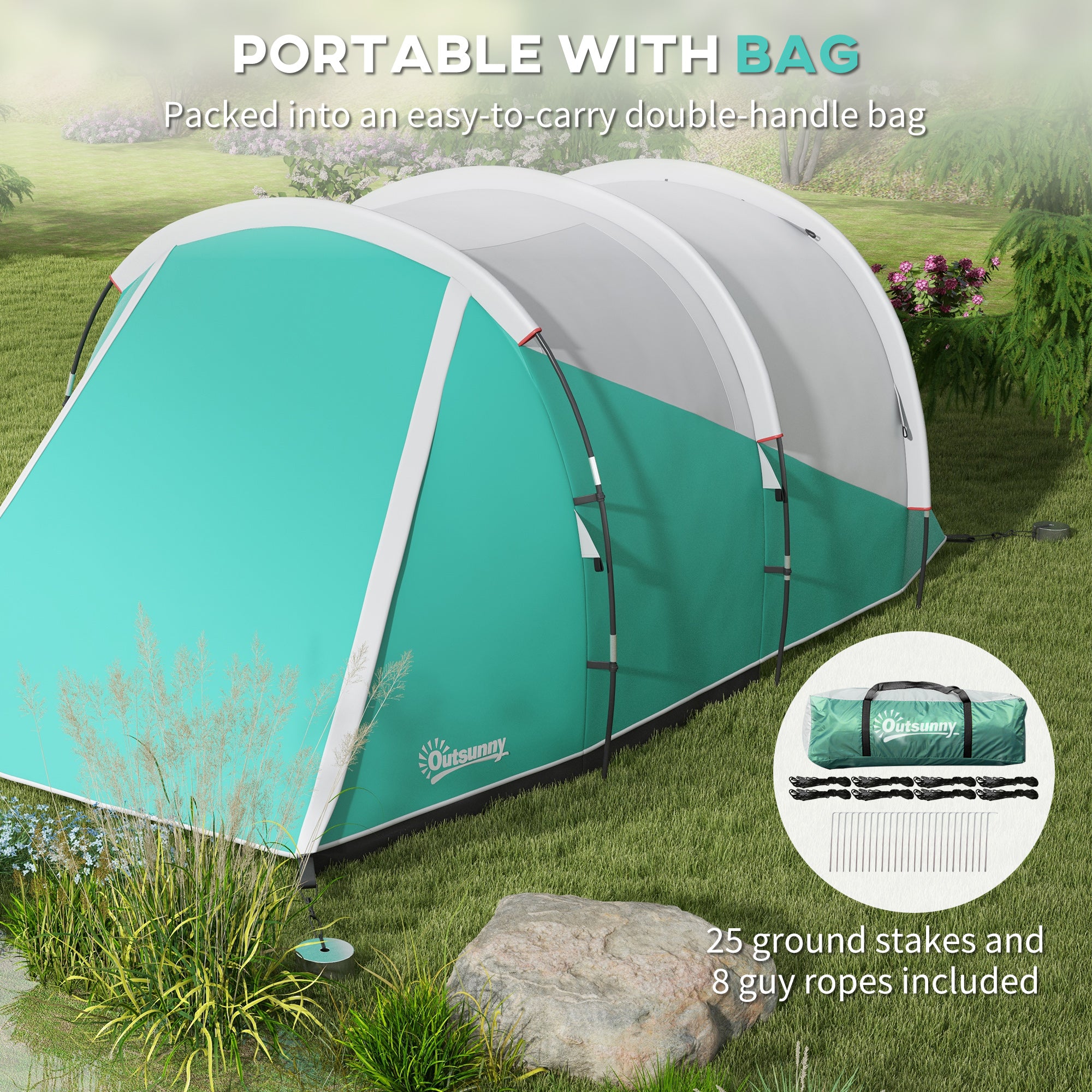 Spacious Three-Person Tunnel Tent with Water-Resistant Design - Green
