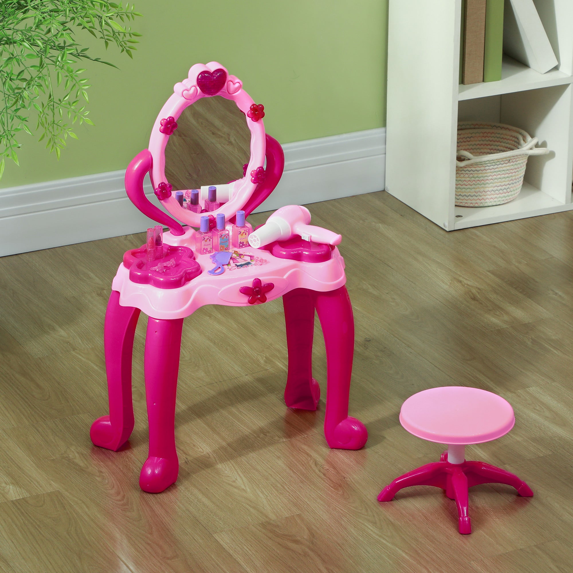 Kids Dressing Table with mirror, Stool, Light, Music, 15 Accessories, for Ages 3-6 Years, Pink