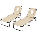 Outdoor Foldable Sun Lounger Set of 2 with 4-Level Adjustable Backrest, Pillow & Reading Hole - Sand