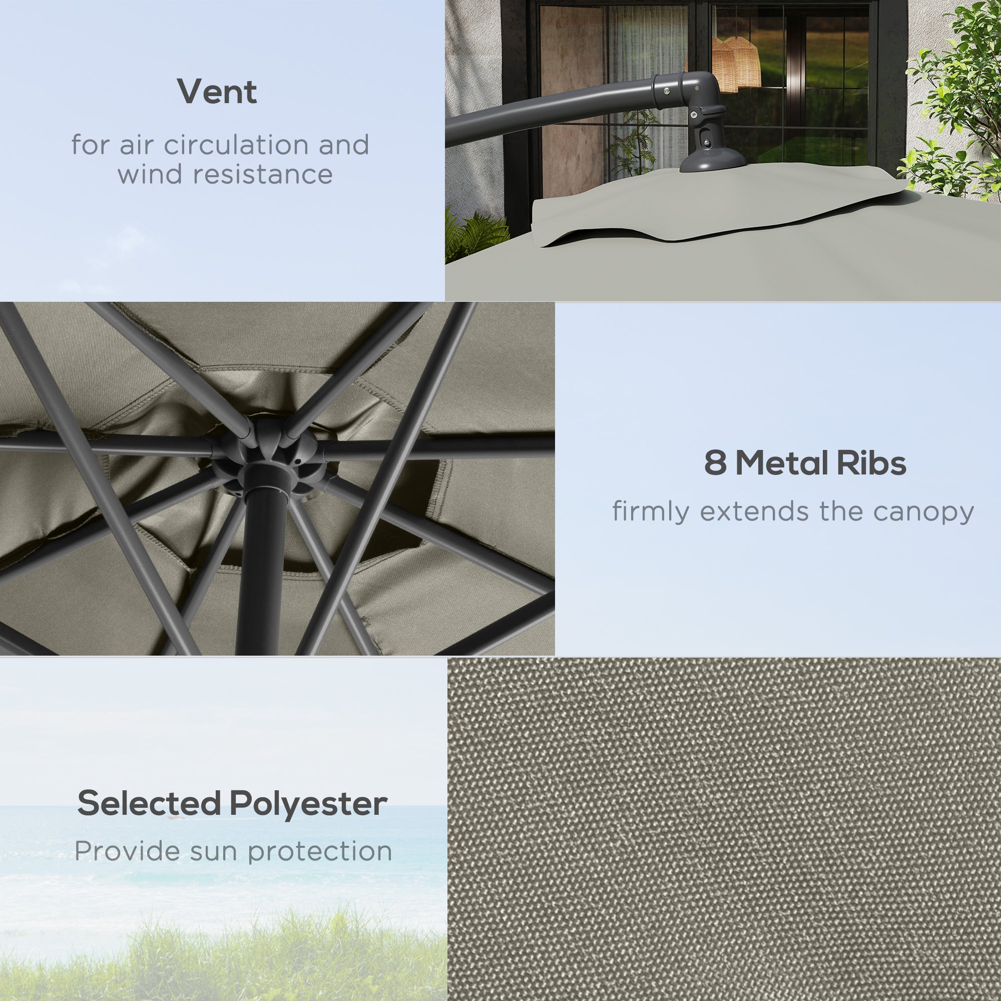 3m Overhanging Cantilever Parasol, with Cross Base - Light Grey