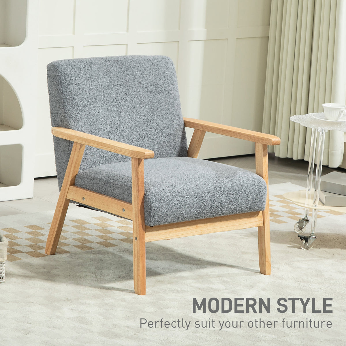 Wide Seat Accent Chair with Wood Frame and Thick Cashmere Cushions - Grey