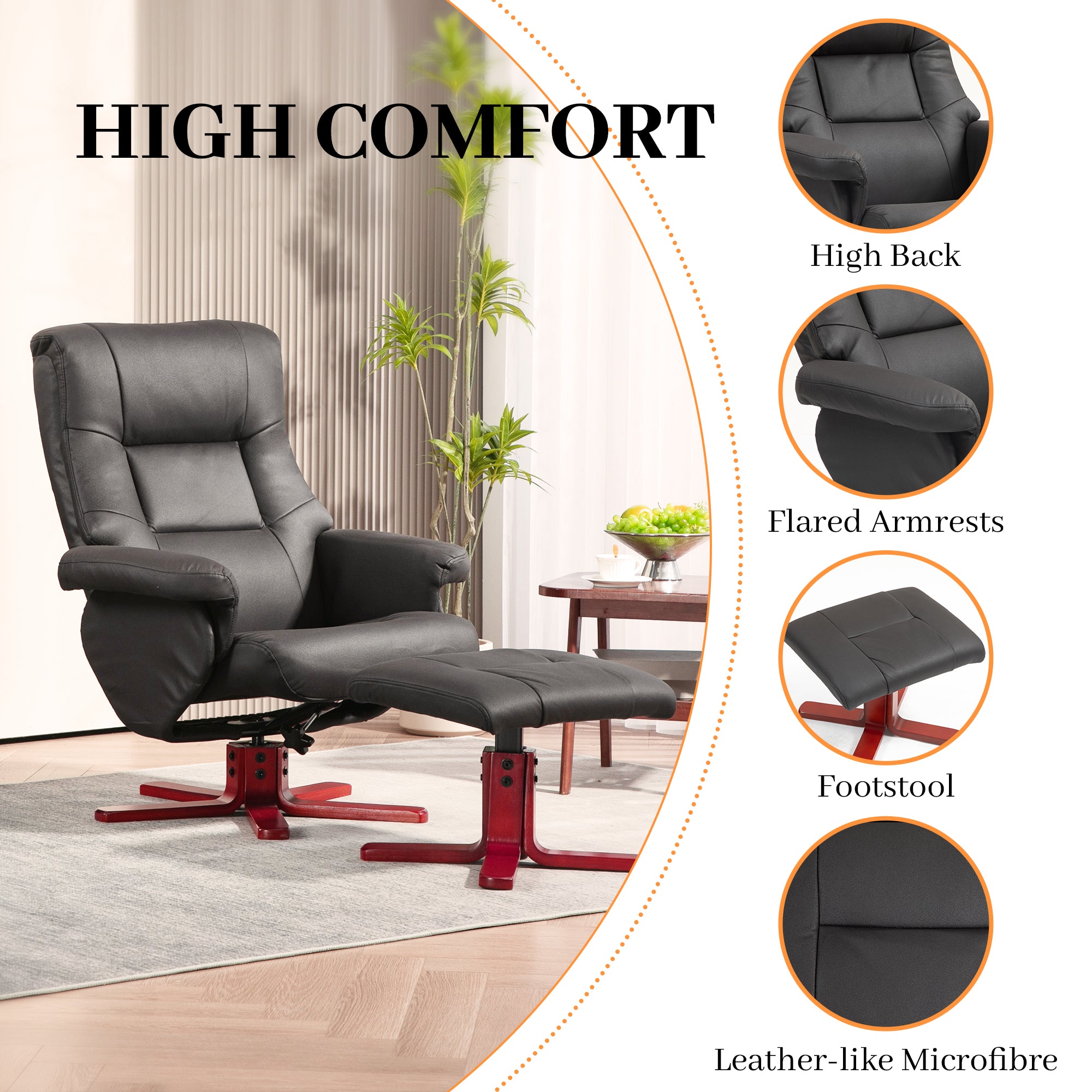 Faux Microfibre Leather Manual Recliner and Footstool Set - Black