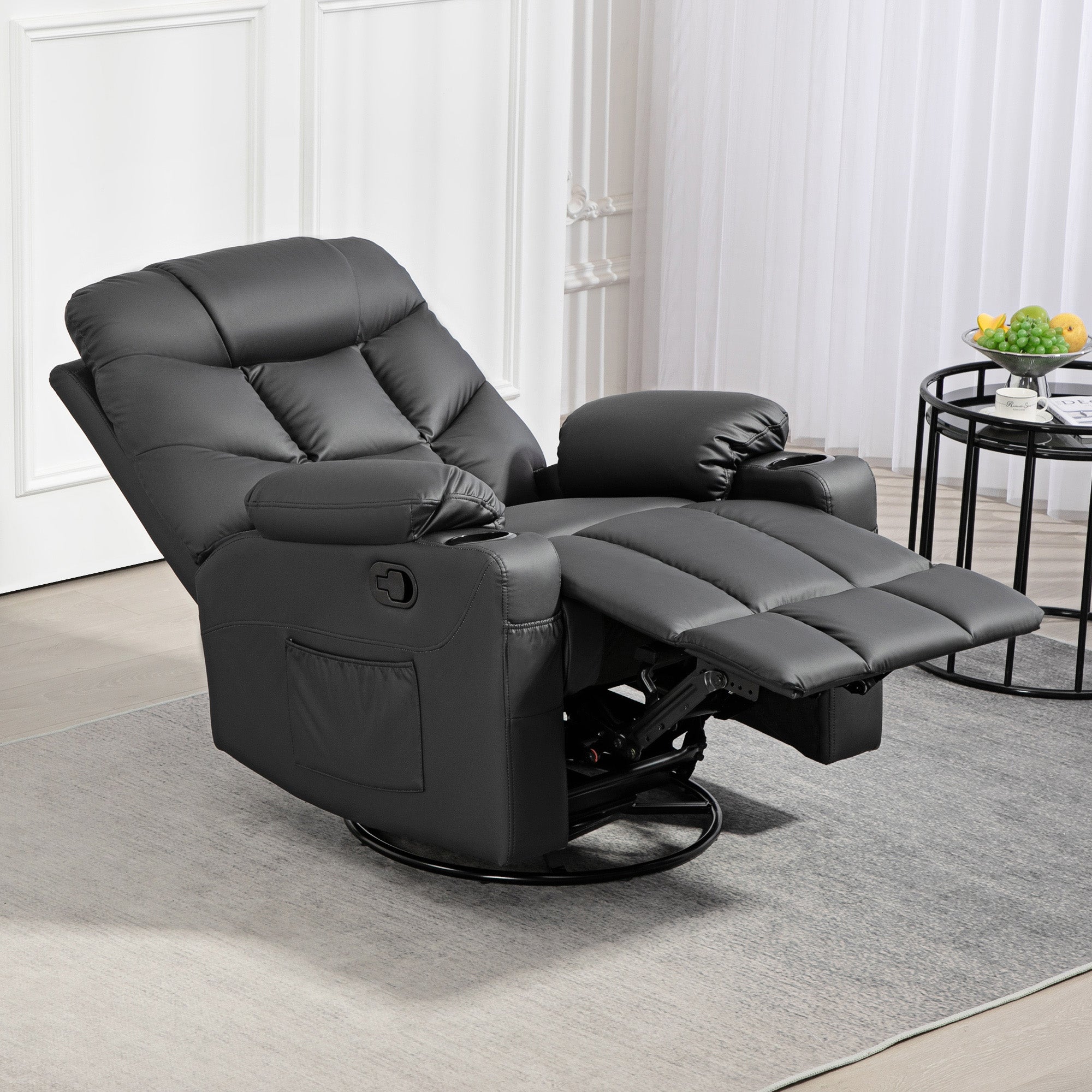 Manual Reclining Swivel Armchair with Footrest, Cup Holders, 86x93x102cm - Black