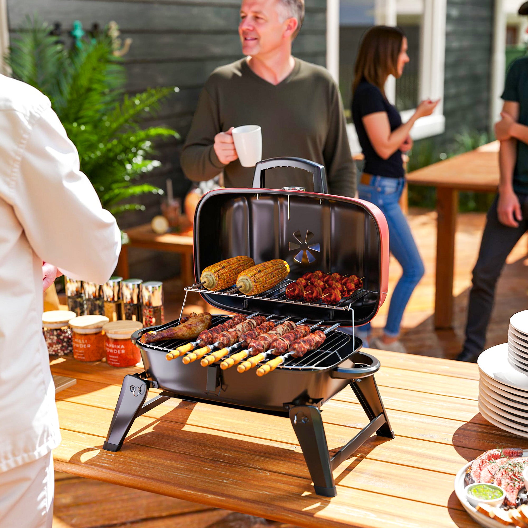 Charcoal Barbecue Grill Folding Portable BBQ Grill for Camping with 1232 cm² Cooking Area, Adjustable Vent, Thermometer, Handles for Picnic, 59 x 37 x 36 cm, Red