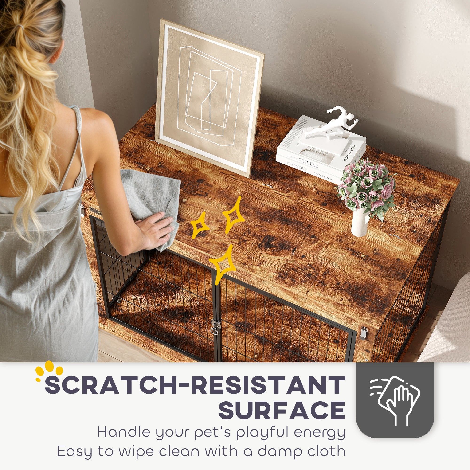 Dog Crate Furniture with Flip-up Top, 2 Doors, for Large Dogs, 98 x 60 x 65.5cm, Rustic Brown