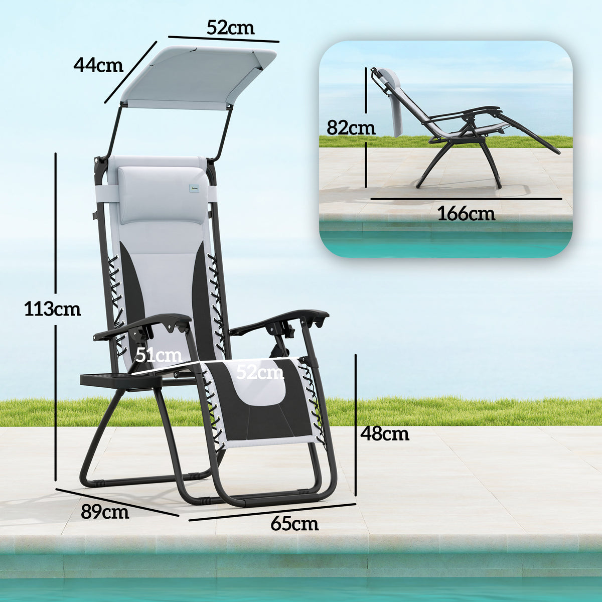 Set of 2 Zero Gravity Reclining Lounger Chairs with Adjustable Shade Cover - Light Grey
