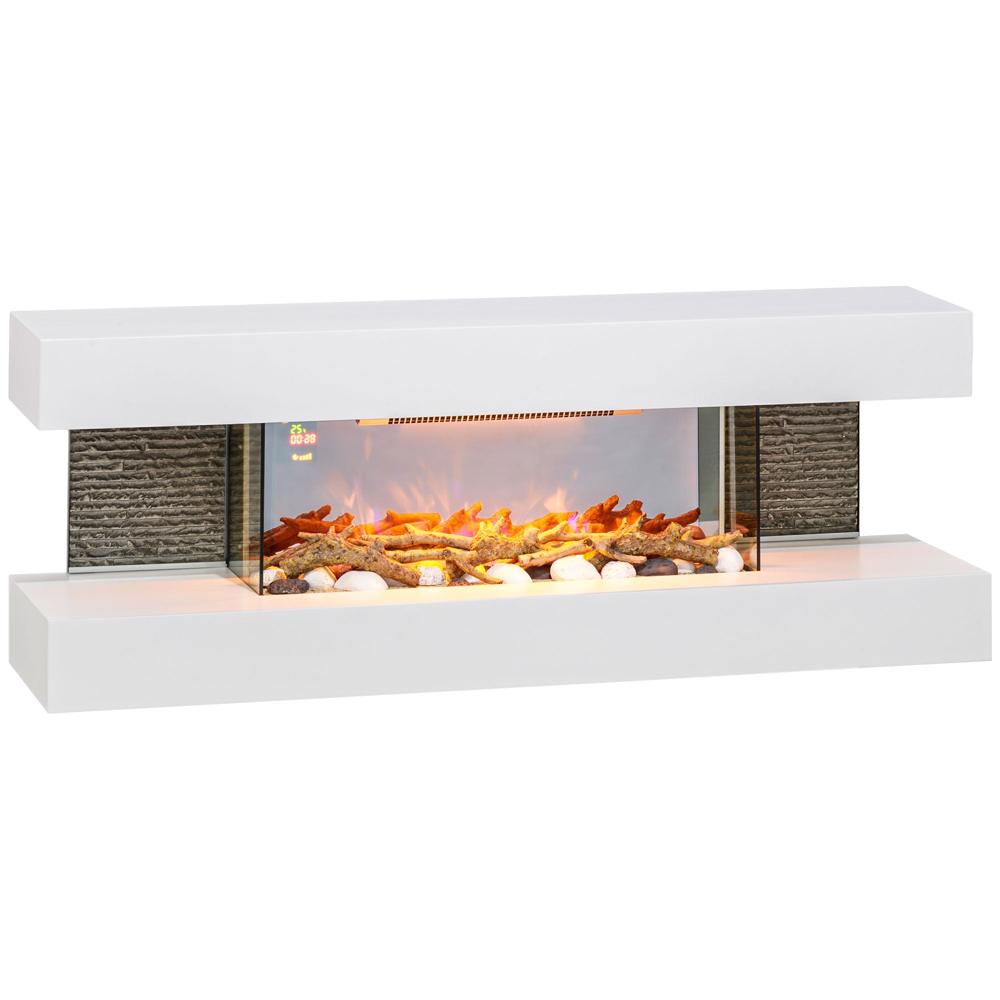 47inch / 120cm Electric Fireplace Wall Mounted, Freestanding, Glass Electric Fire Suite with Mantel, Adjustable LED Flame Effect, Log, Pebble, Remote Control, 2000W, White