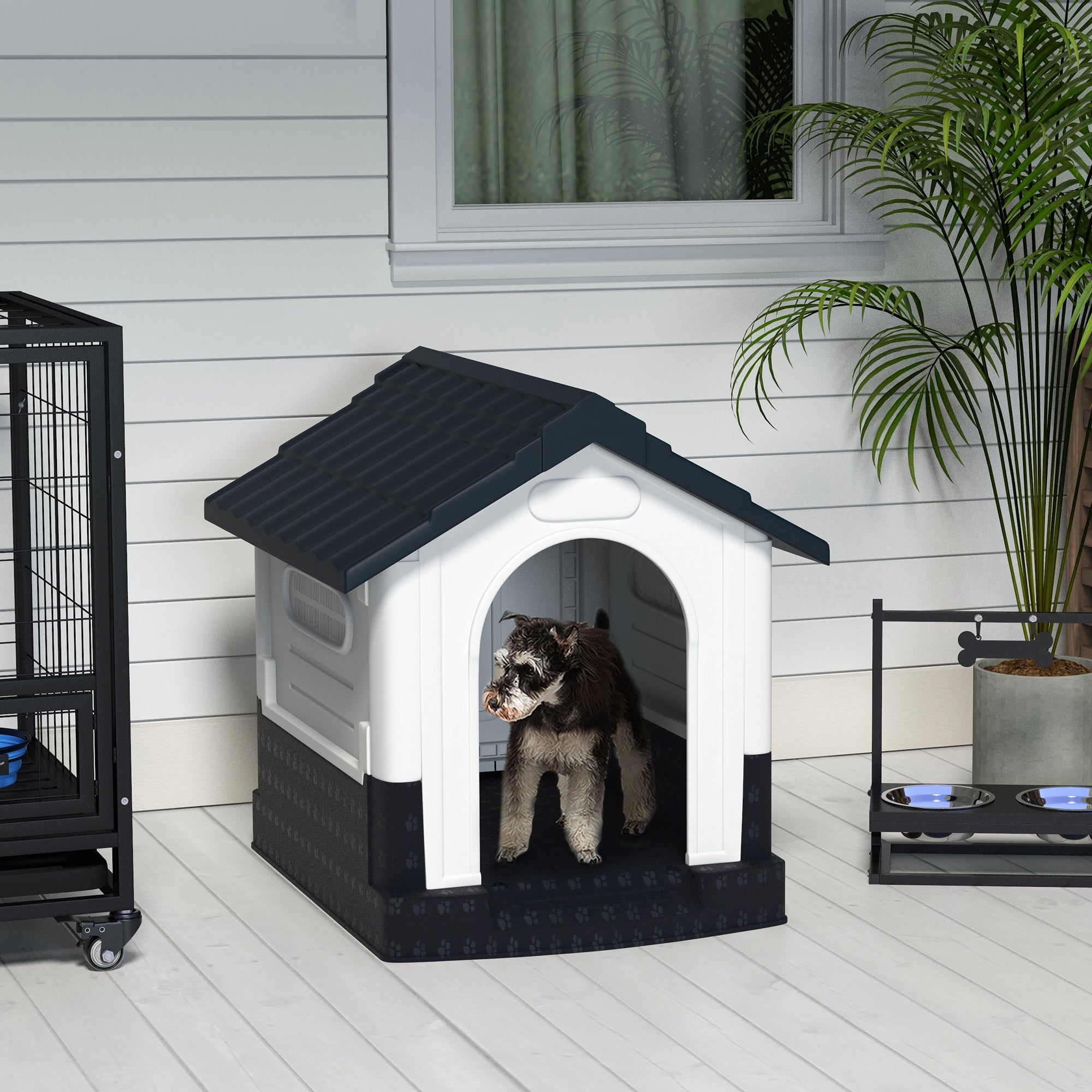 Plastic Dog Kennel with Windows, for Garden Patio, Miniature and Small Dogs, 80 x 69 x 76cm - Grey