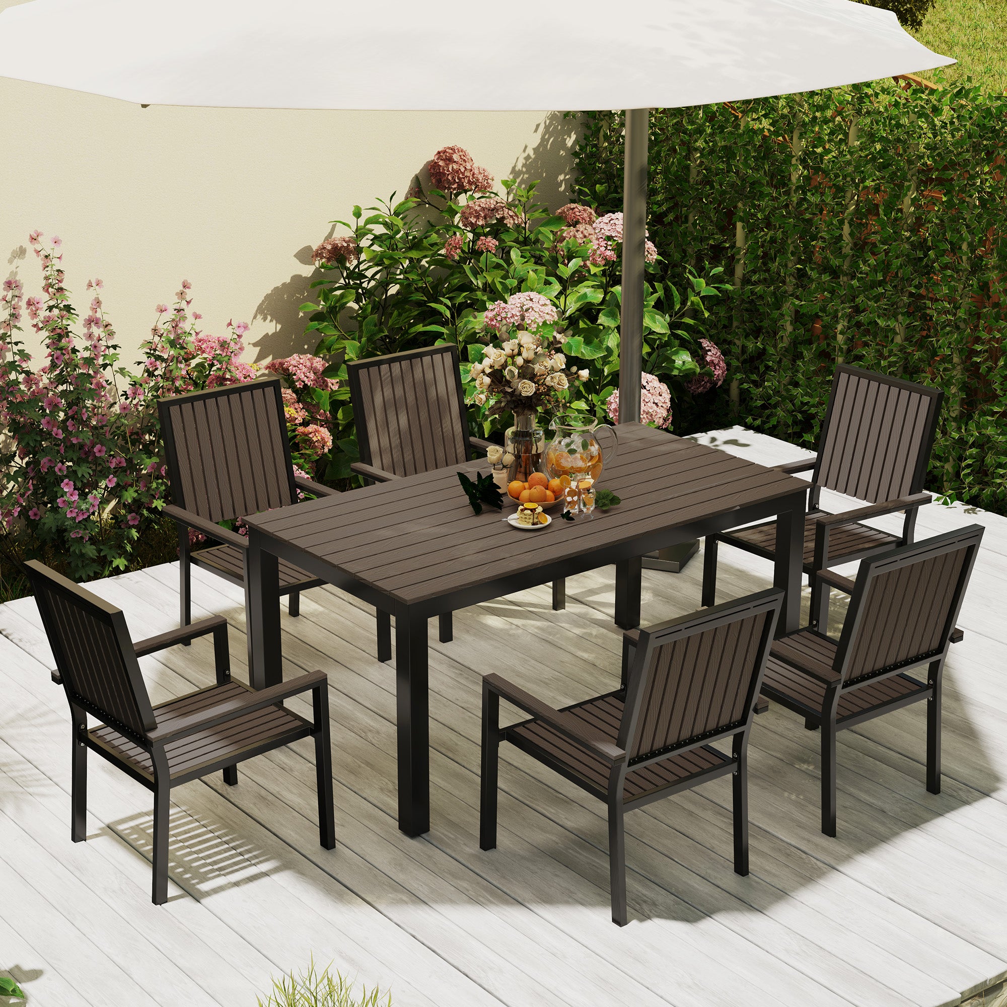 6 Seater Garden Dining Set with Stackable Chairs and Rectangular Aluminium Frame Table - Brown