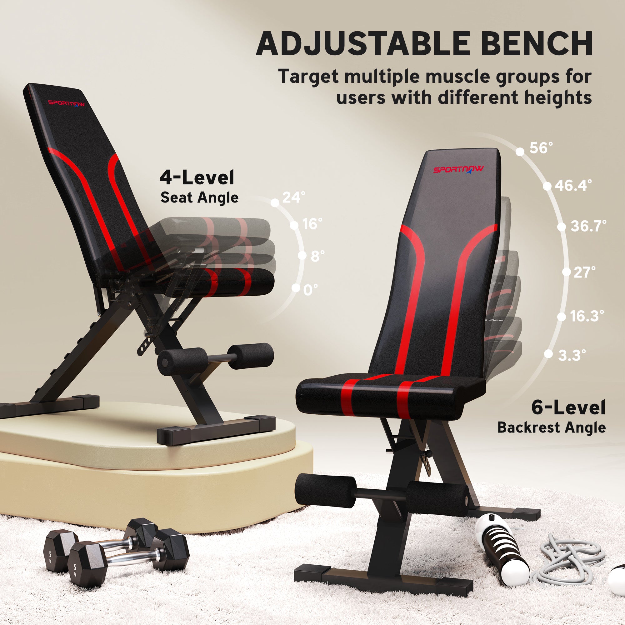 Foldable Weight Bench, Adjustable Incline Flat Bench Press with 6-Level Backrest, 4-Level Seat, Leg Extension for Home Gym Workout Full Body Strength Training
