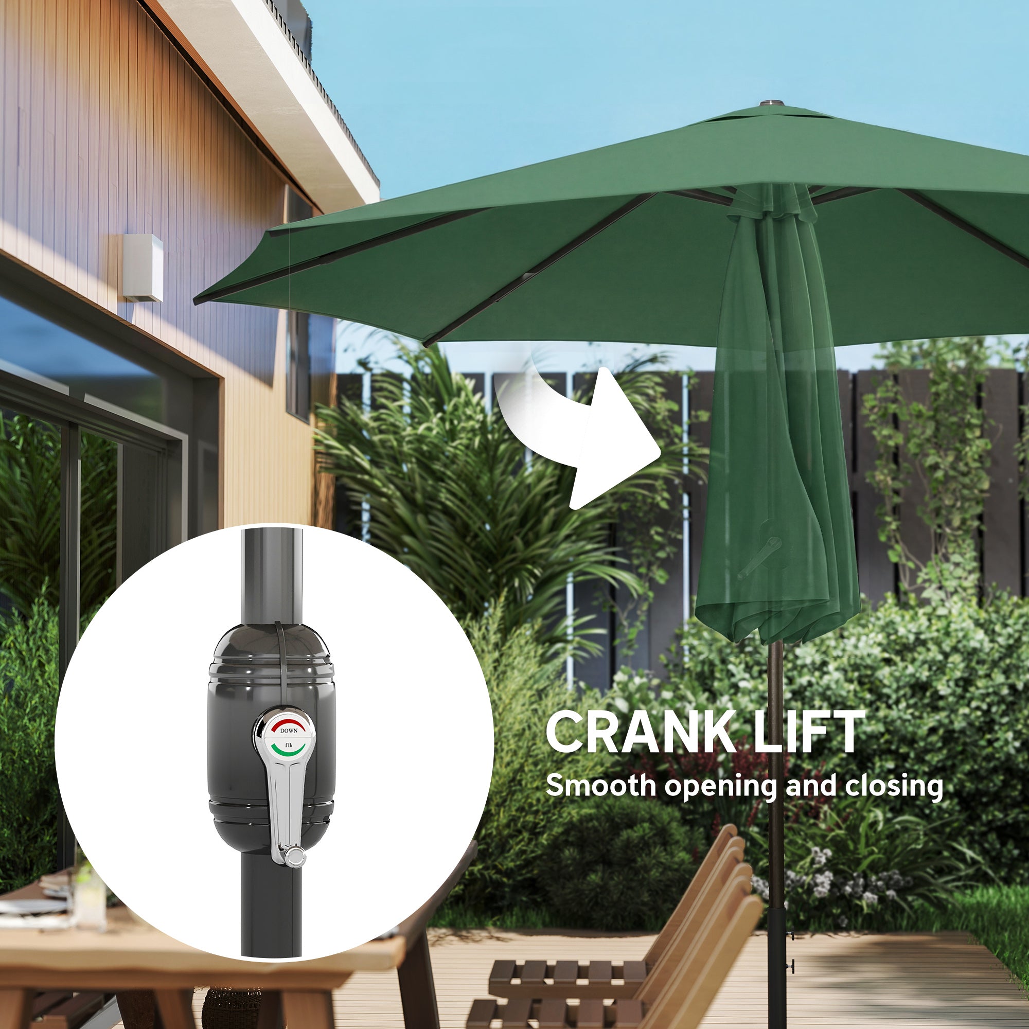 2.7 m Garden Parasol Umbrella with Cross Base and Sandbag, Retractable Ribs, Outdoor Table Market Umbrella, Green