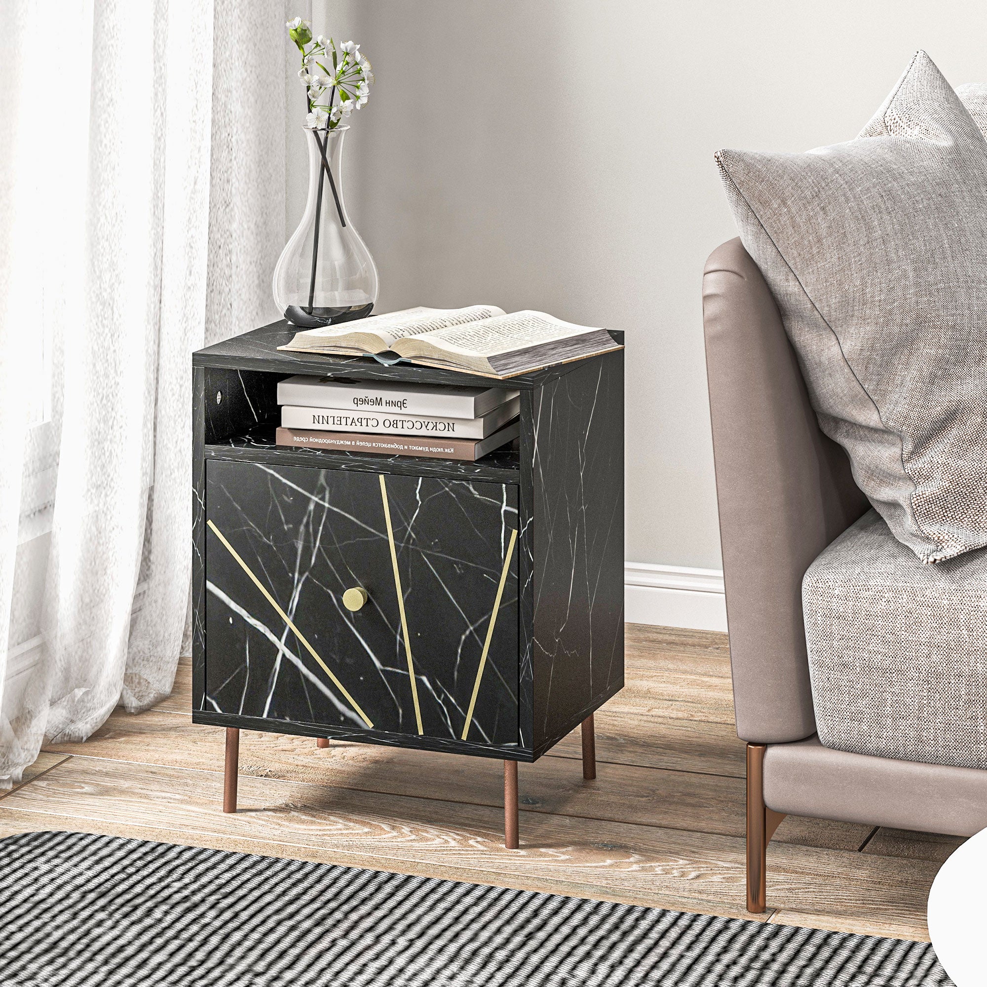 Elegant Bedside with Storage - Black/Gold Tone