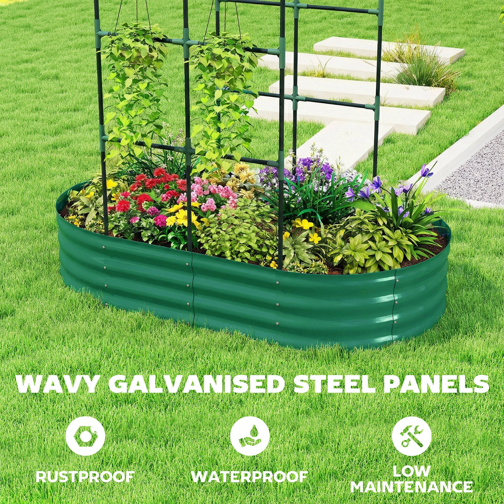 Galvanised Raised Garden Bed with Arched Trellis, 5 x 3 x 6ft Metal Raised Bed for Garden with Open Bottom, Green