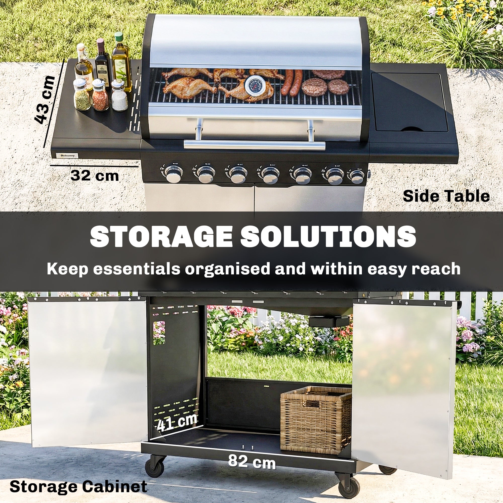 6+1 Burner Gas BBQ Grill, Outdoor Barbecue Trolley with Wheels, Warming Rack, Thermometer, Bottle Opener, Silver Tone