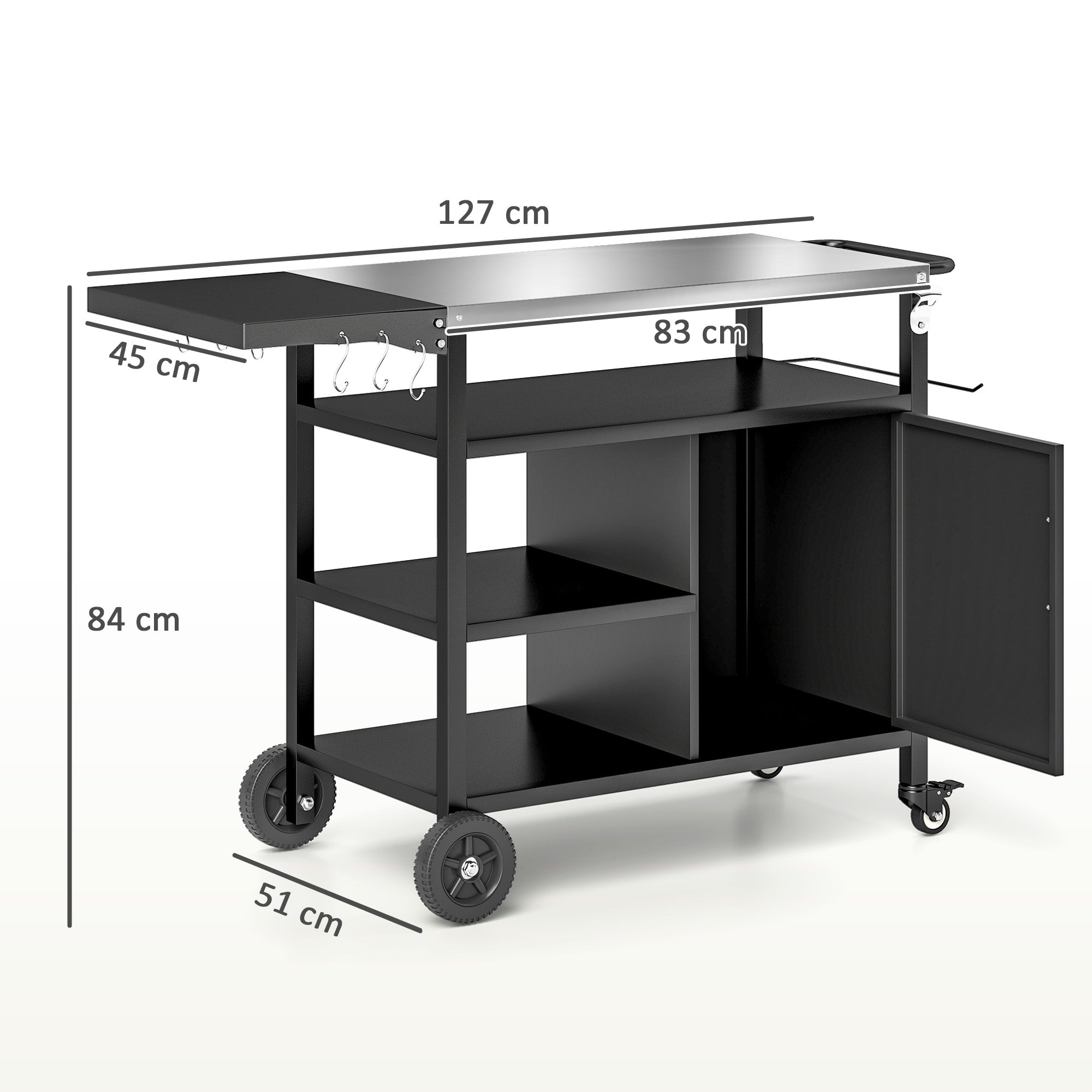 Outdoor BBQ Trolley with Foldable Side Table, Stainless Steel Top, Outdoor Kitchen with Wheels Hooks Shelves Cabinet, Pizza Oven Table Movable Outdoor Grill Dining Cart with Cover, Black