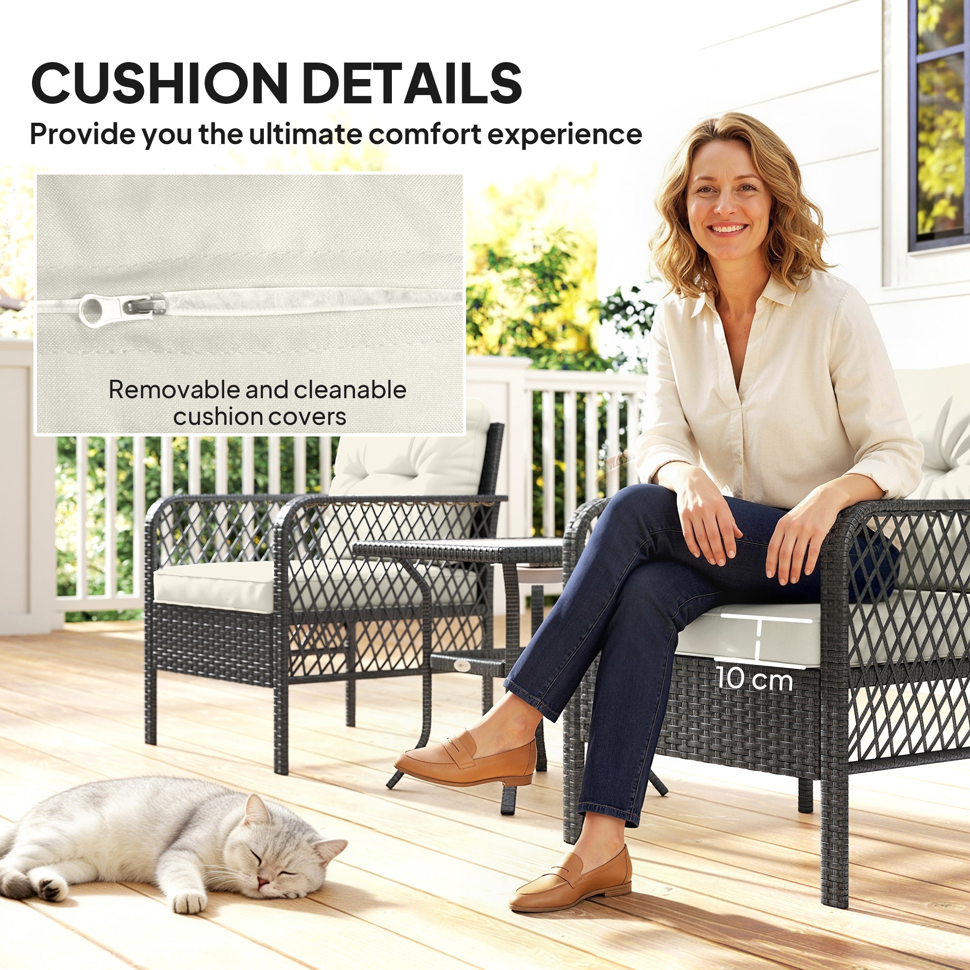 3 Pieces Rattan Bistro Set with Glass Top Coffee Table, Chairs and Cushions for Outdoor, Patio, Balcony, Cream