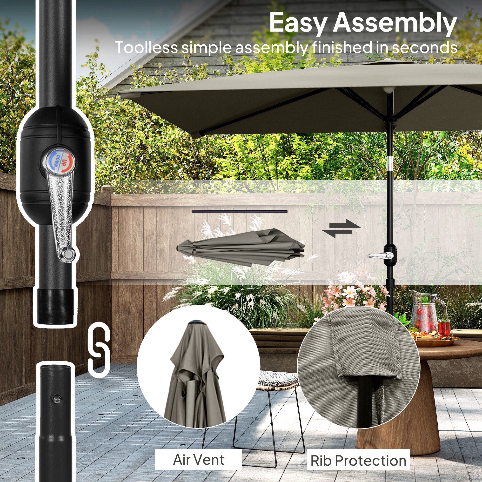 3x2m Patio Parasol Garden Umbrellas Canopy with Aluminium Tilt Crank Rectangular Sun Shade Steel, Light Grey