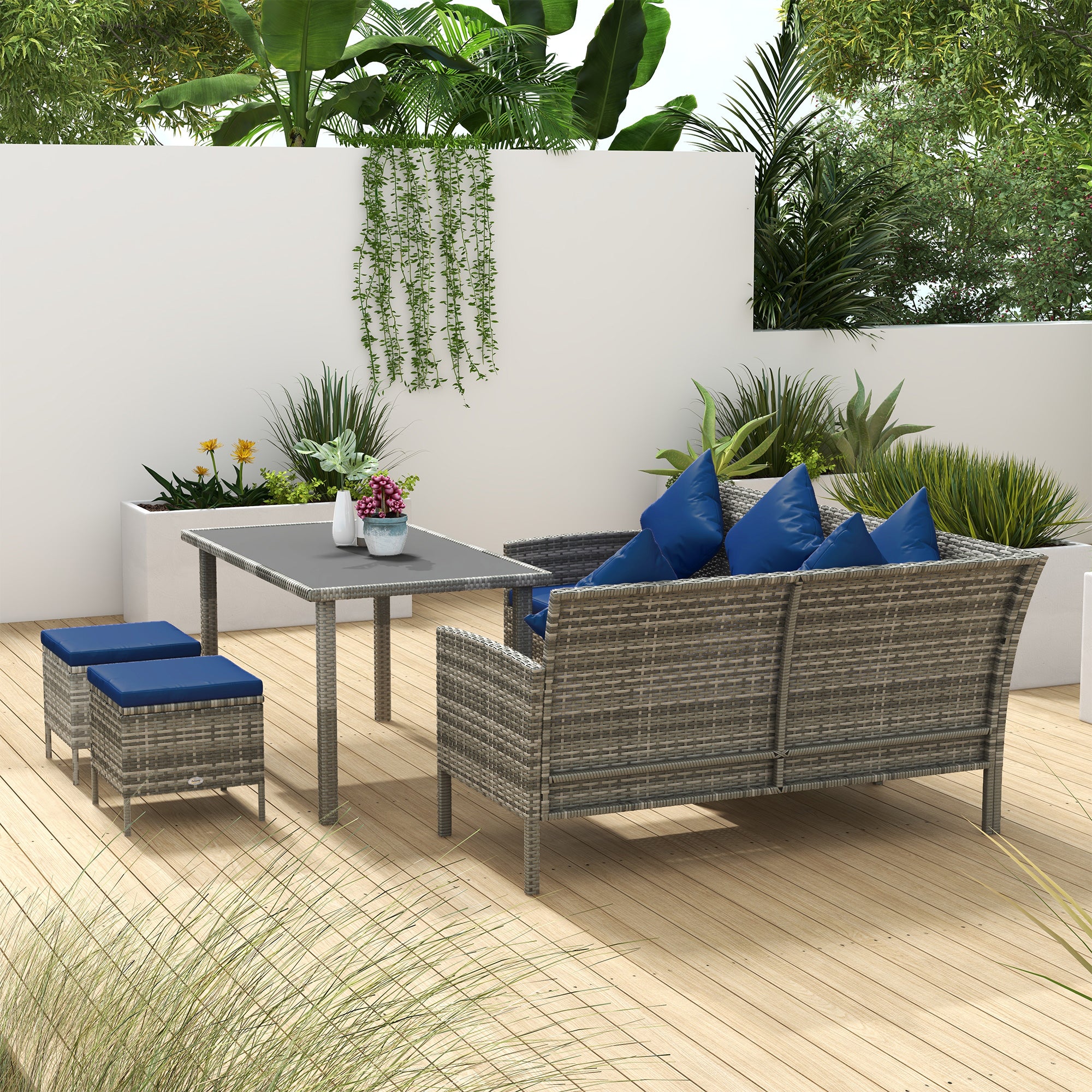 5 Piece Rattan Garden Furniture Dining Set with Cushions - Dark Blue