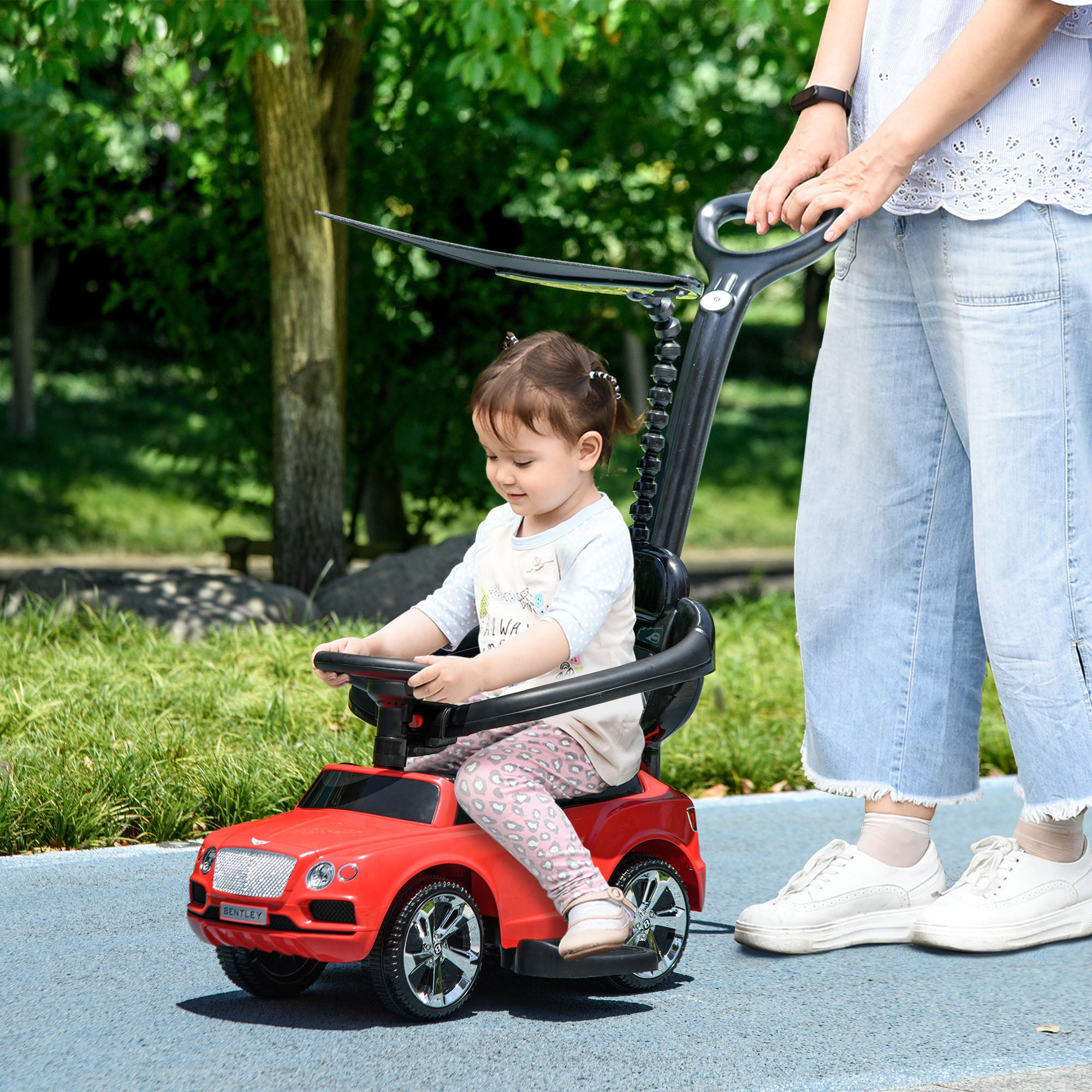 Bentley Bentayga Licensed 3-in-1 Baby Push Car, Ride on Car Sliding Car with Canopy, Horn Music - Red