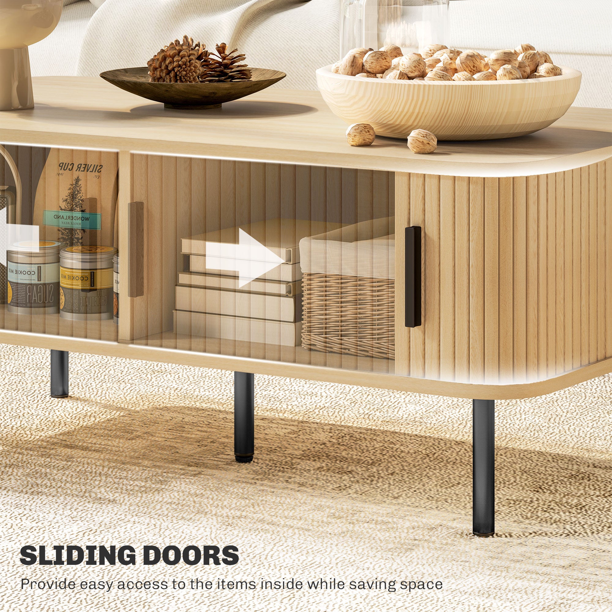 Rectangular Coffee Table with Storage and Slatted Tambour Sliding Doors, Elevated Base with Foot Pads - Oak