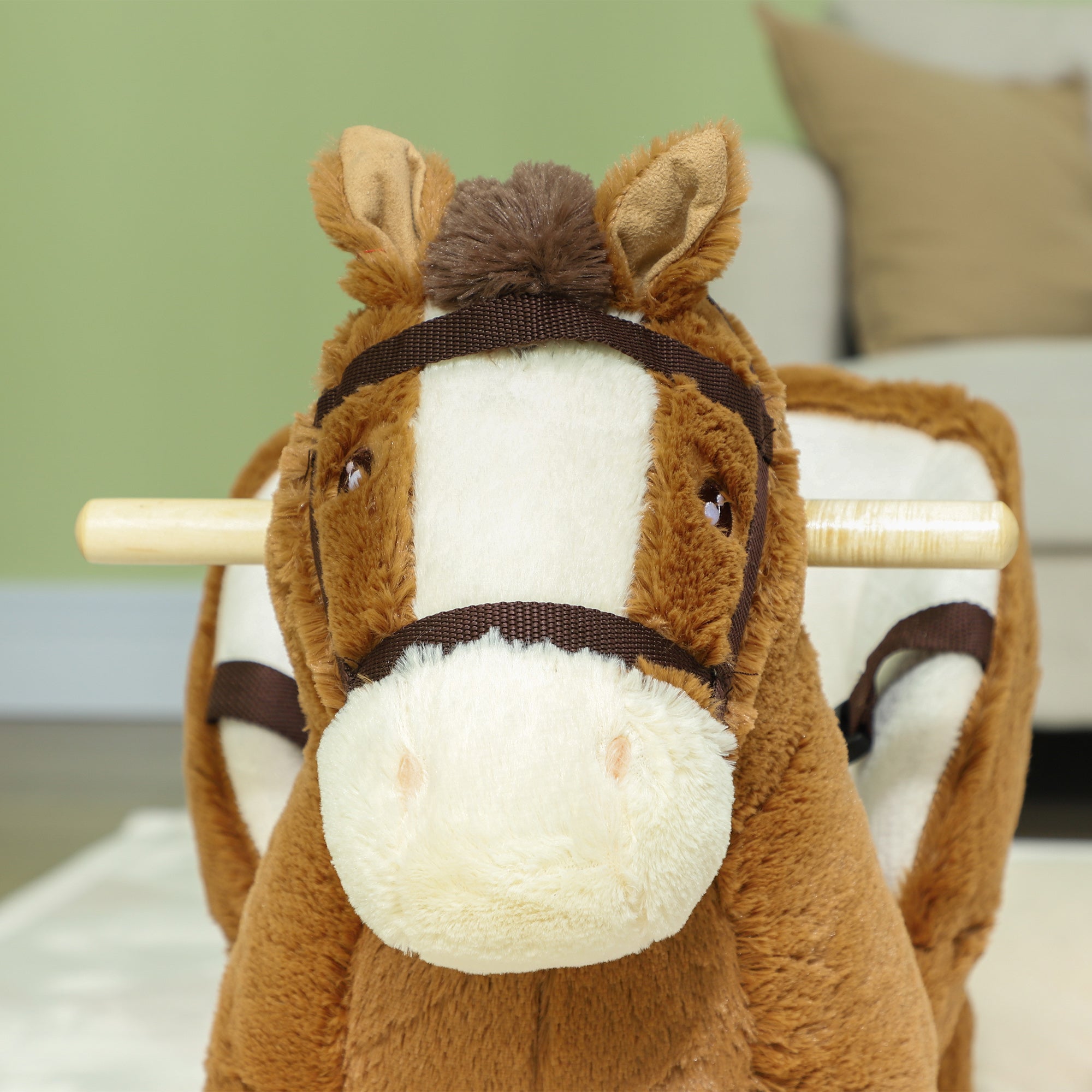 Kids Rocking Horse, Plush Ride on Horse, with Sound, Wood Base, for Ages 18-36 Months, Brown