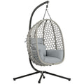Hanging Egg Chair, Indoor Outdoor Rattan Hammock Swing Chair with Stand, Safety Strap, Foldable Basket, Light Grey