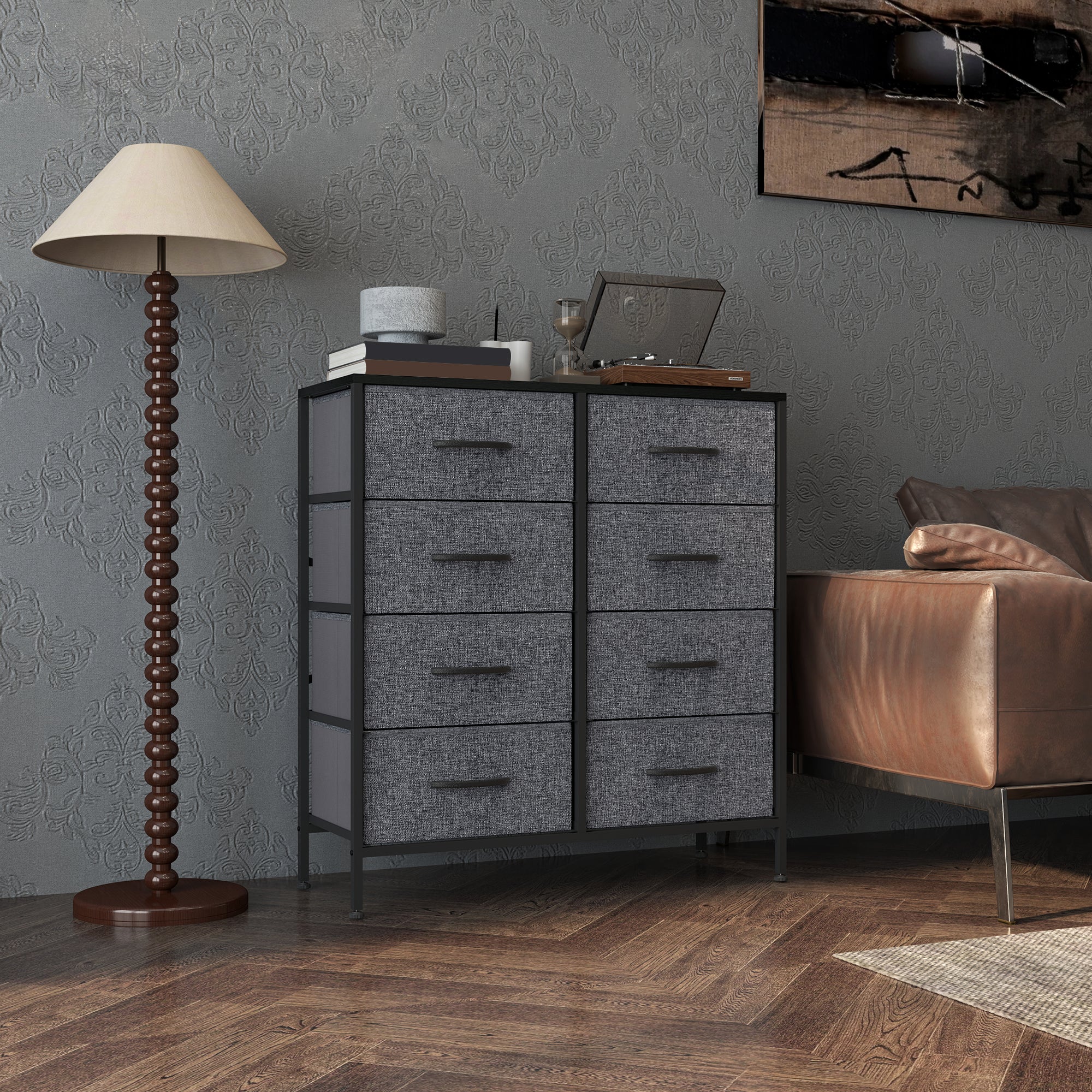 Fabric Chest of Drawers, Storage Drawers, Industrial Bedroom Dresser with 8 Fabric Drawers, Steel Frame and Wooden Top for Nursery, Living Room, Hallway, Black