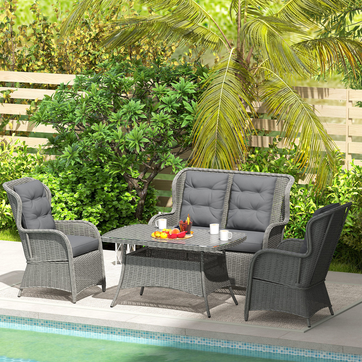 4 Piece PE Rattan Garden Dining Sofa Set with Cushions - Light Grey