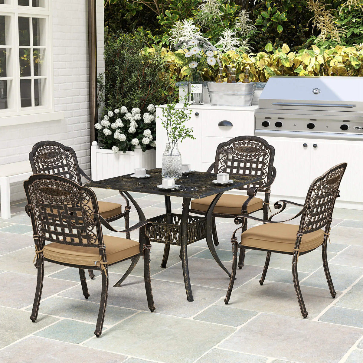 5 Piece Cast Aluminium Garden Dining Set with Cushions - Bronze Tone