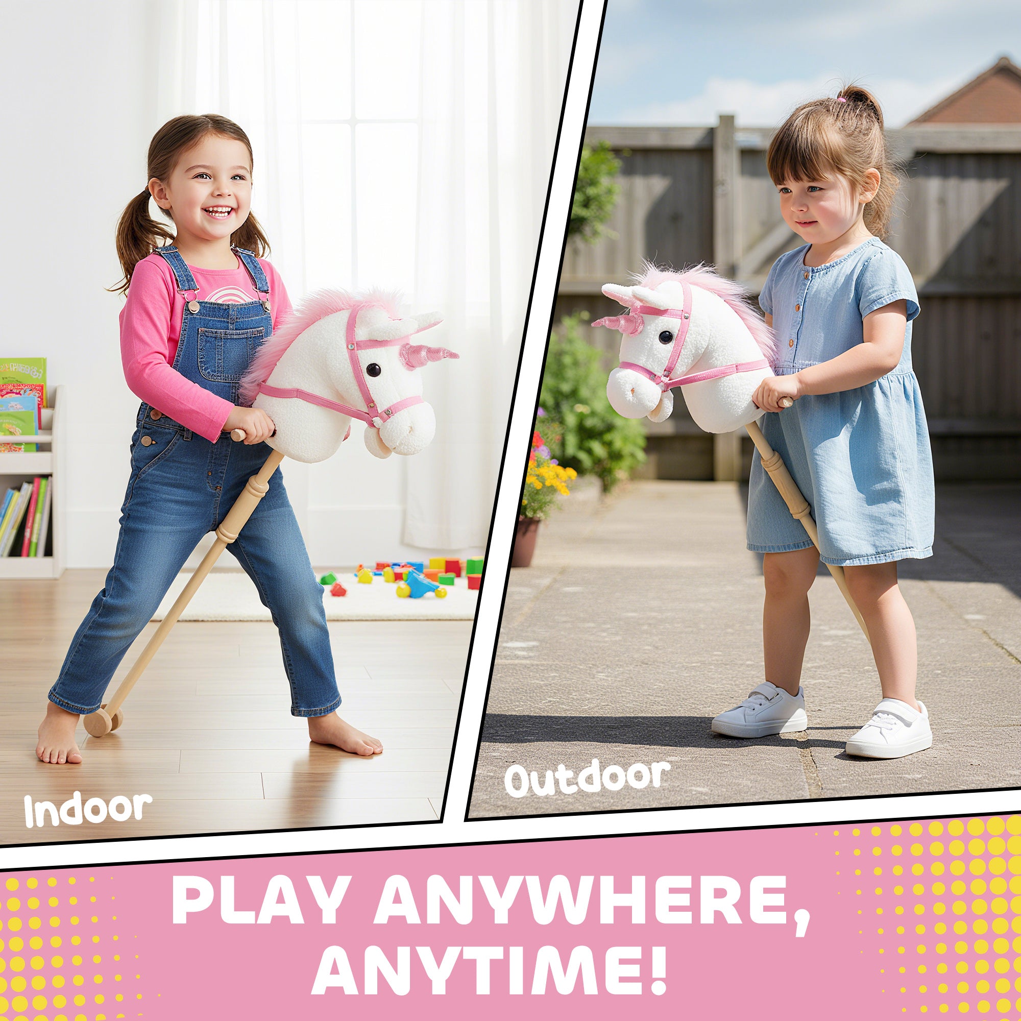Unicorn Stick Horse with Wood Wheels, Real Pony Neighing and Galloping Sounds, Grip Handle, 95 cm, White