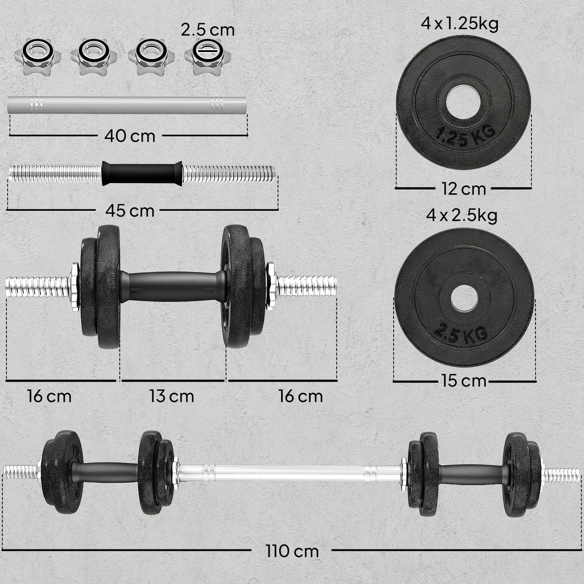 2-in-1 Adjustable Dumbbells Set, 20kg Cast Iron Weights Dumbbells Set with Non-Slip Grip for Strength Training, Weight Lifting, Bodybuilding, Home Gym Workout Equipment for Men & Women