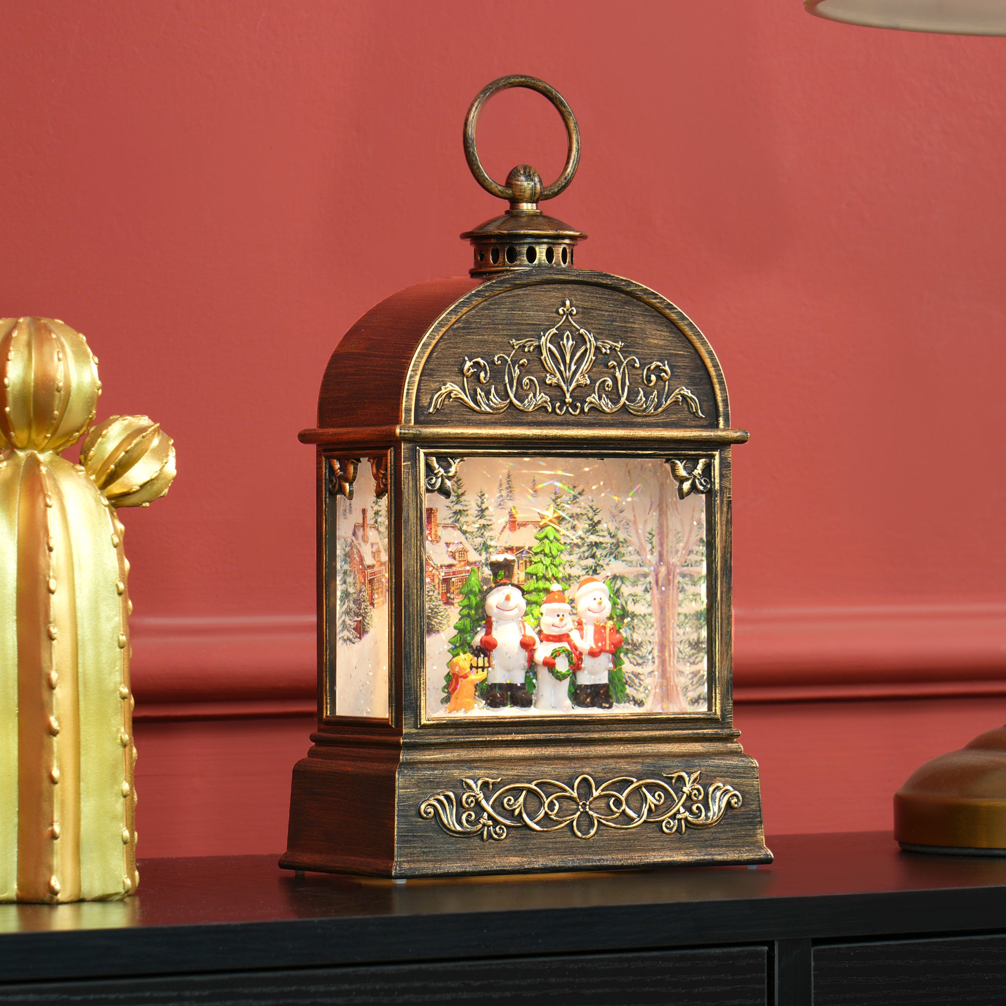 Christmas Snow Globe Lantern with Lights and Music, Snow Globe with Swirling Glitter, Battery Operated Musical Christmas Decoration for Holiday Party Gift, Bronze Tone