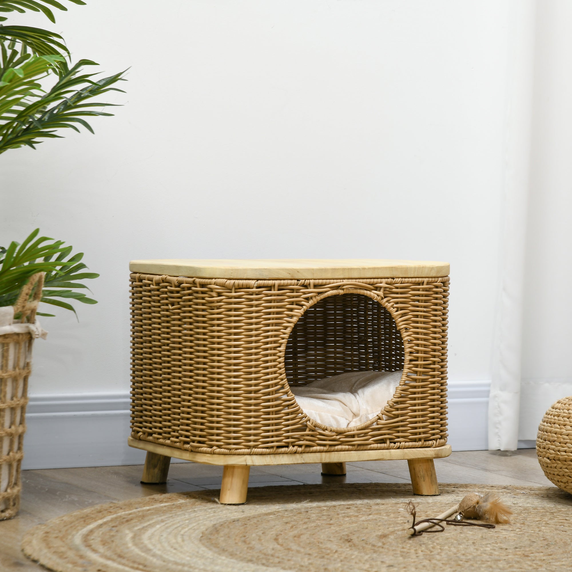 Elevated Design Wicker Cat House with Washable Cushion, Light Brown