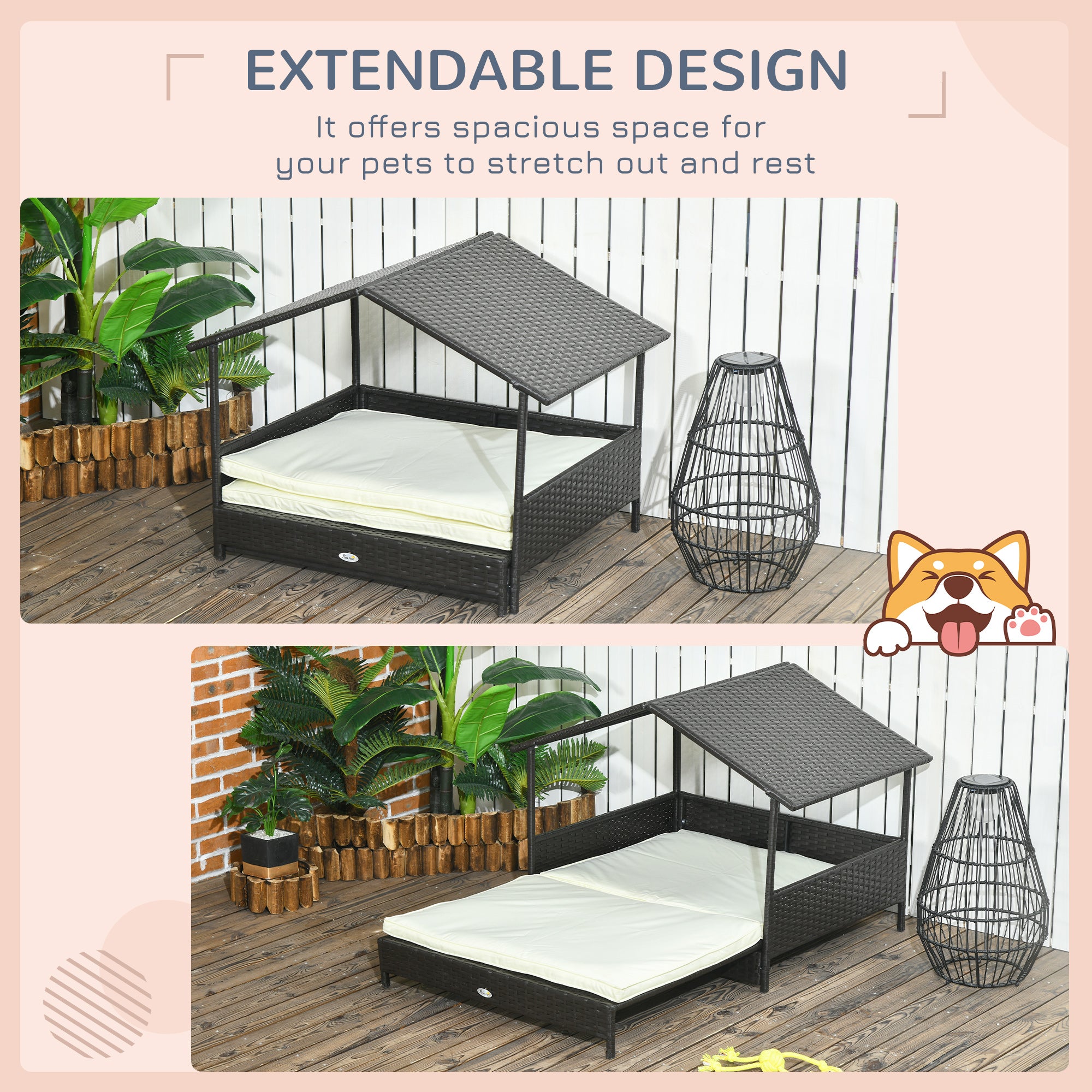 Extendable Elevated Dog Bed, Rattan Dog House, with Water-Resistant Roof, Removable Cushion, for Small, Medium Dogs