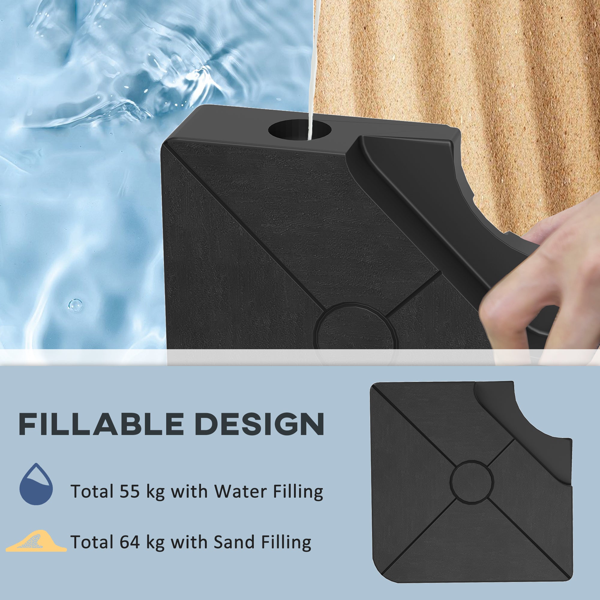 Umbrella Weights for Cantilever Parasols, Set of 4 Heavy Duty Parasol Base Weights, 64kg Sand or 55kg Water Filled, Black