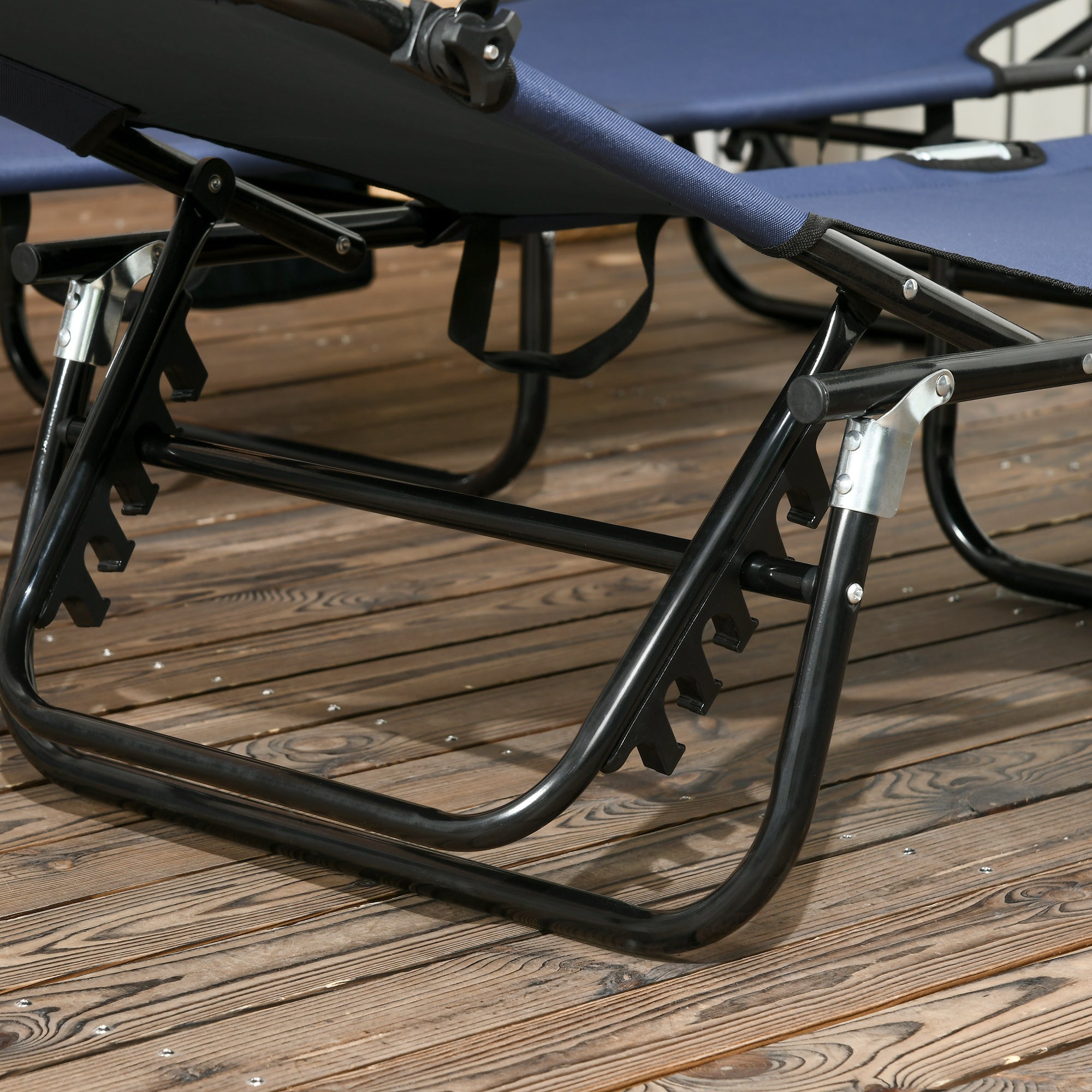 Set of Two Folding Sun Loungers, with Adjustable Backs and Sun Canopies - Dark Blue