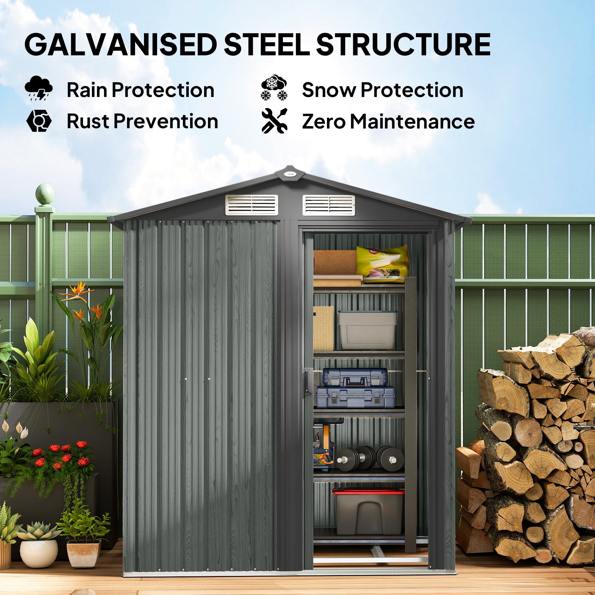 4.3 x 5ft Outdoor Garden Storage Shed - Grey Wood Effect