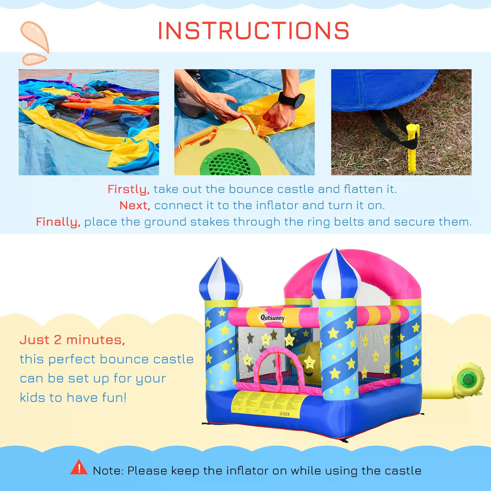 Kids Bouncy Castle, Inflatable Trampoline with Blower for Age 3-8 Castle Stars Design 1.95 x 1.95 x 2.15m