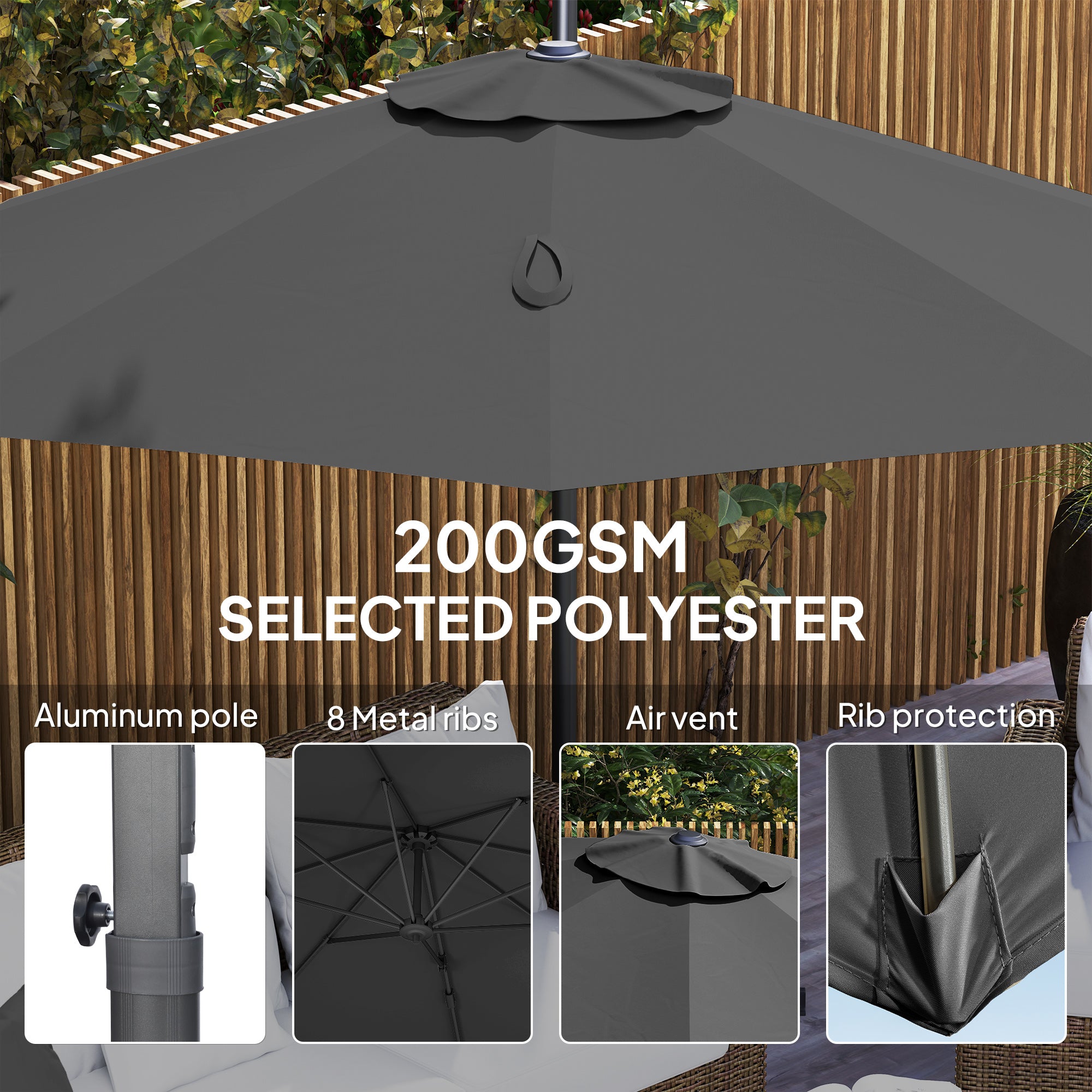 3 x 3 Metre Cantilever Parasol with 360° Rotation and Cross Base - Black