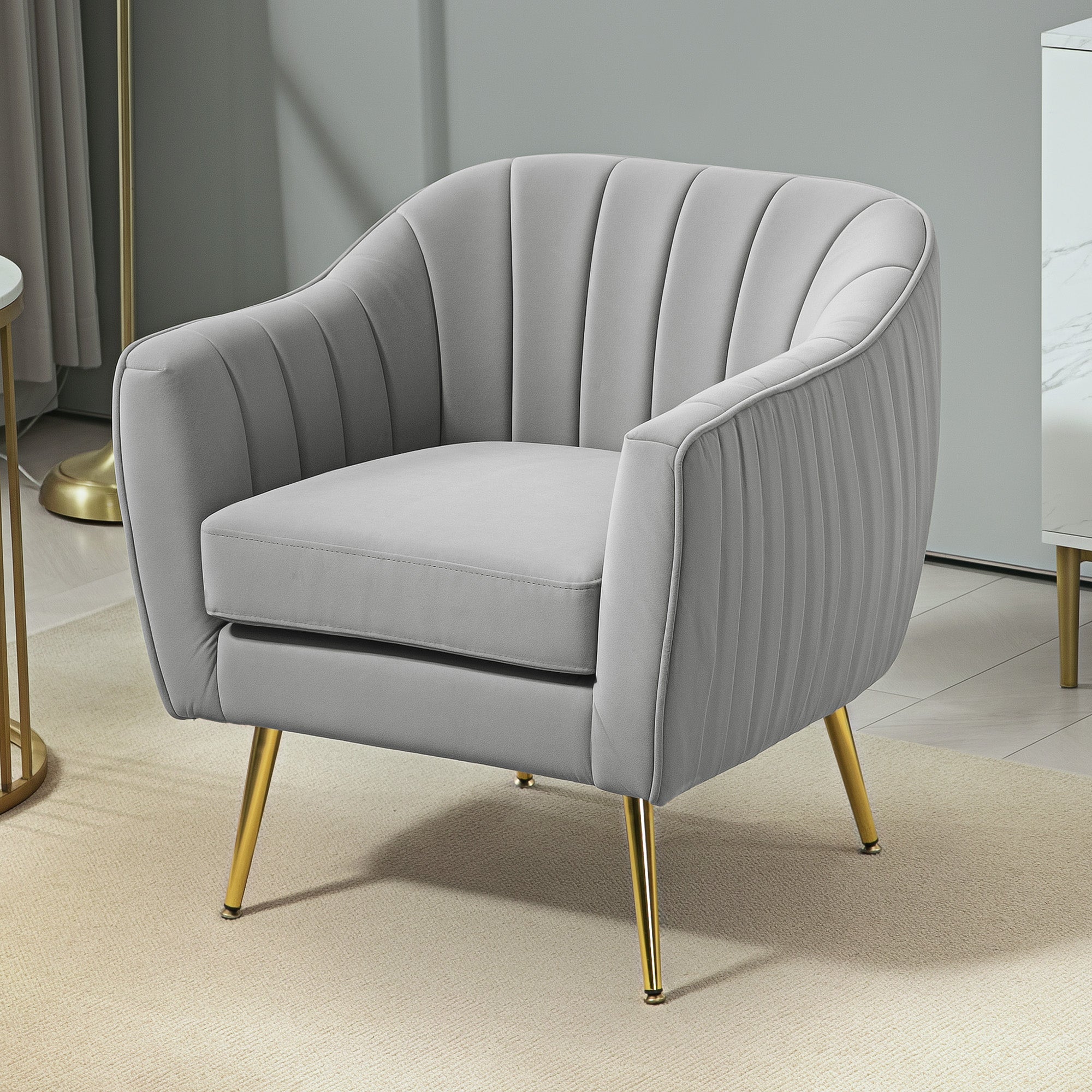 Velvet-Feel Shell Back Accent Chair - Grey