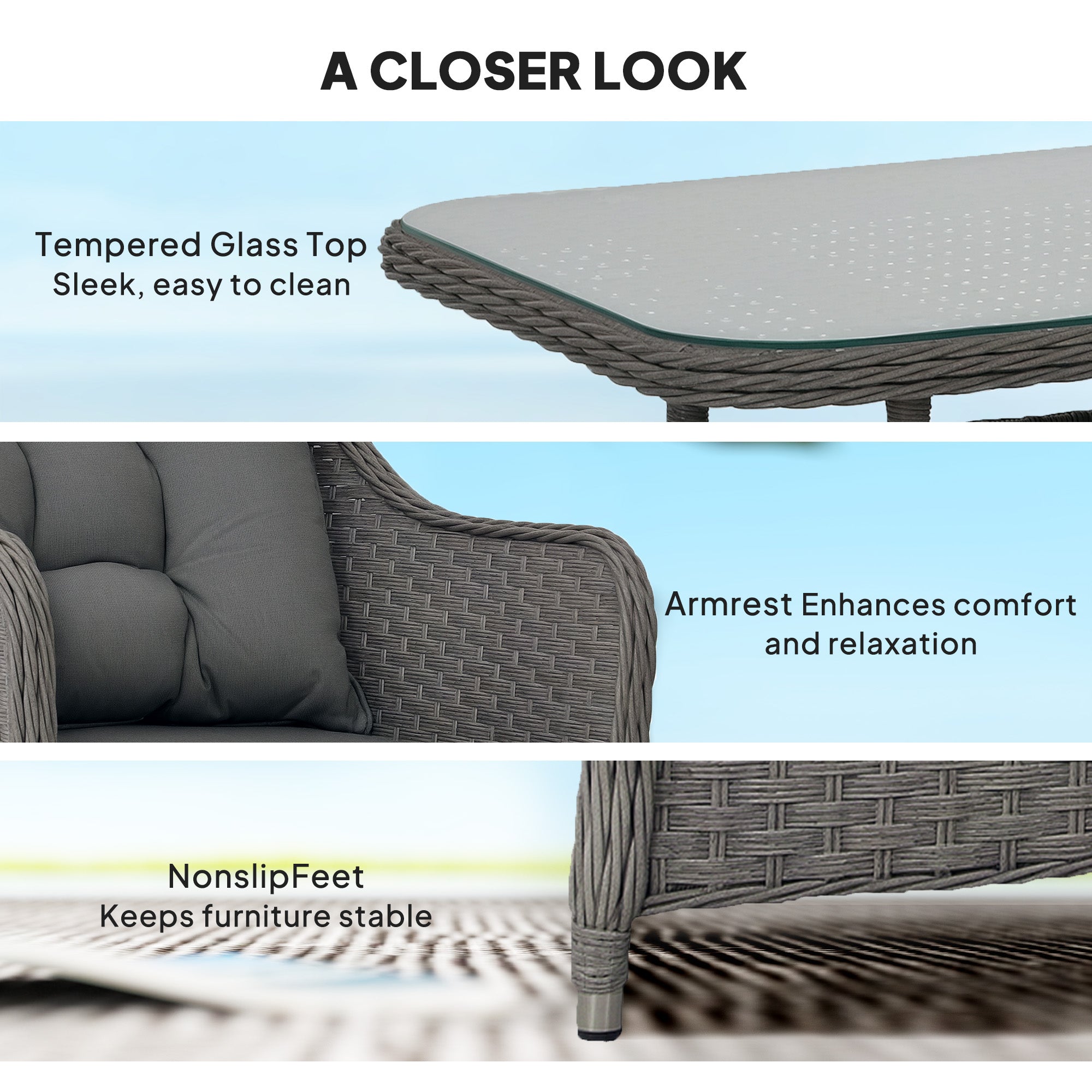 4 Piece Aluminium Frame Rattan Garden Set With Glass-Top Table Light Grey